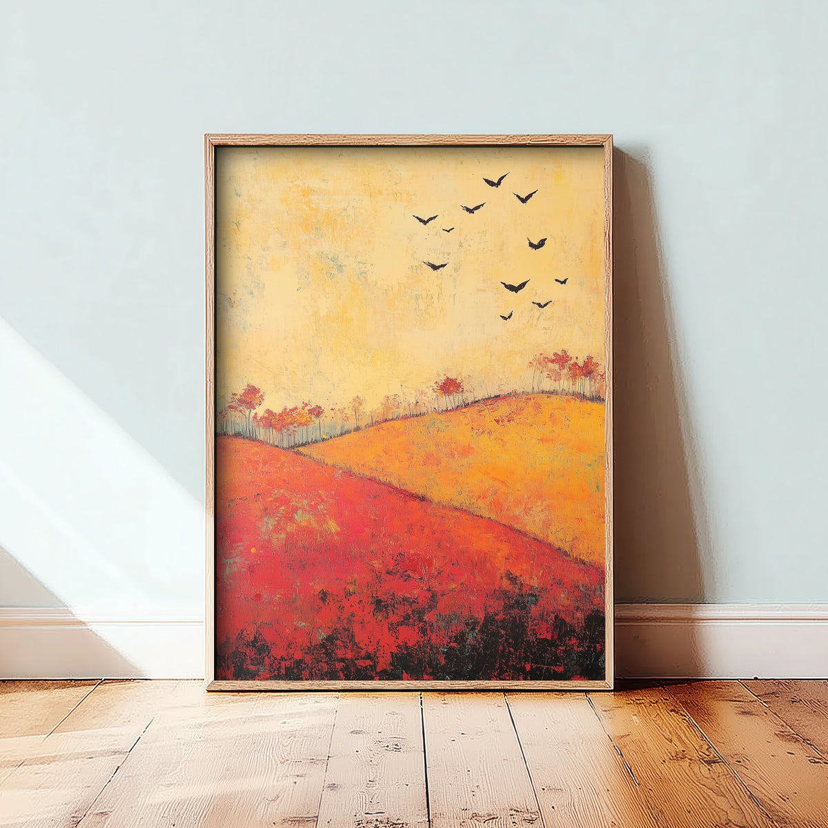 Rolling Hills Landscape Art Print - Butterfly Meadow Poster - Folk Art Painting - Chartreuse Crimson and Fog 1/3