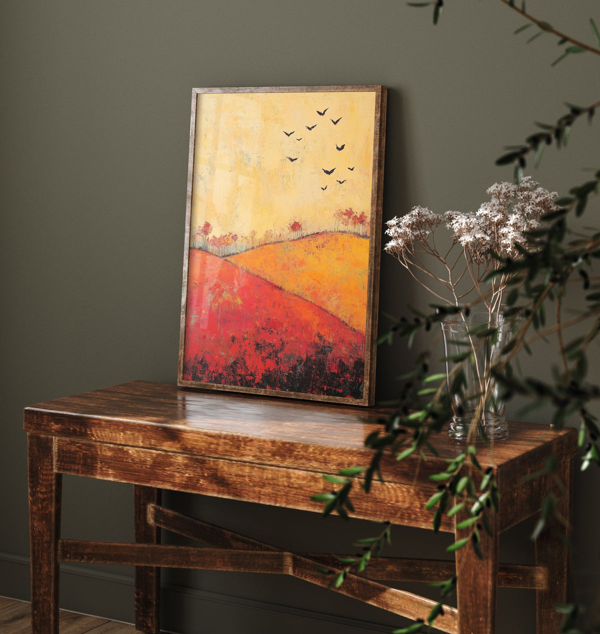 Rolling Hills Landscape Art Print - Butterfly Meadow Poster - Folk Art Painting - Chartreuse Crimson and Fog 1/3