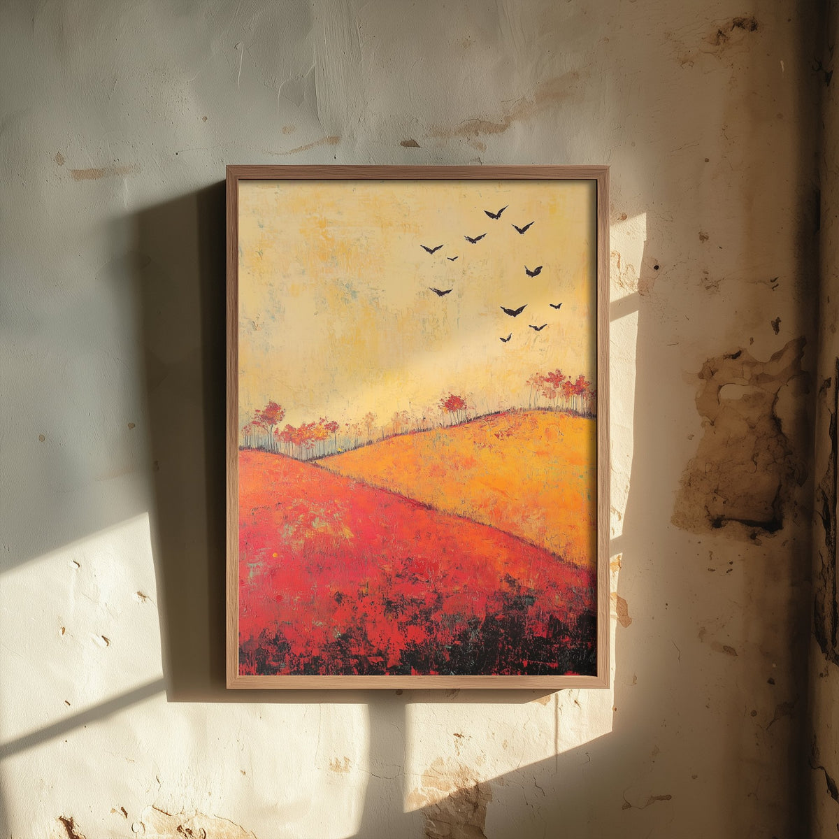 Rolling Hills Landscape Art Print - Butterfly Meadow Poster - Folk Art Painting - Chartreuse Crimson and Fog 1/3