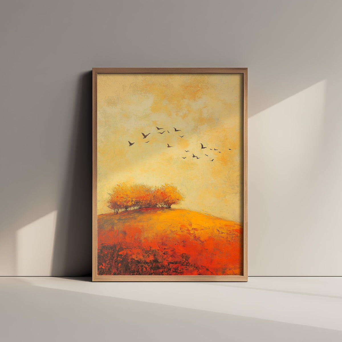 Rolling Hills Landscape Art Print - Butterfly Meadow Poster - Folk Art Painting - Chartreuse Crimson and Fog 2/3