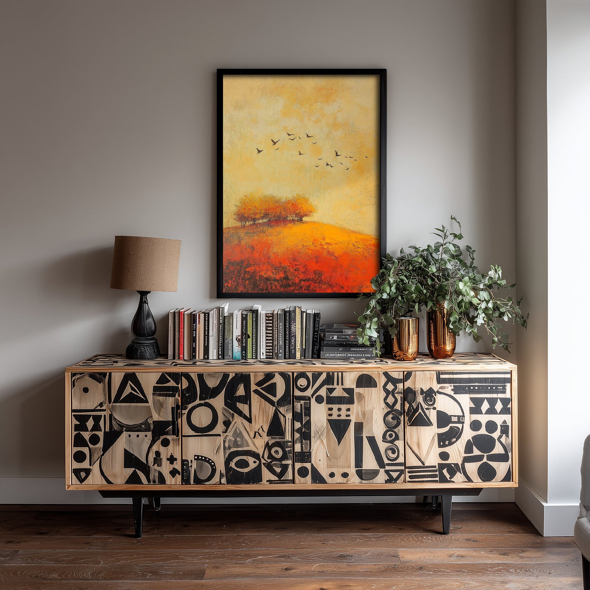 Rolling Hills Landscape Art Print - Butterfly Meadow Poster - Folk Art Painting - Chartreuse Crimson and Fog 2/3