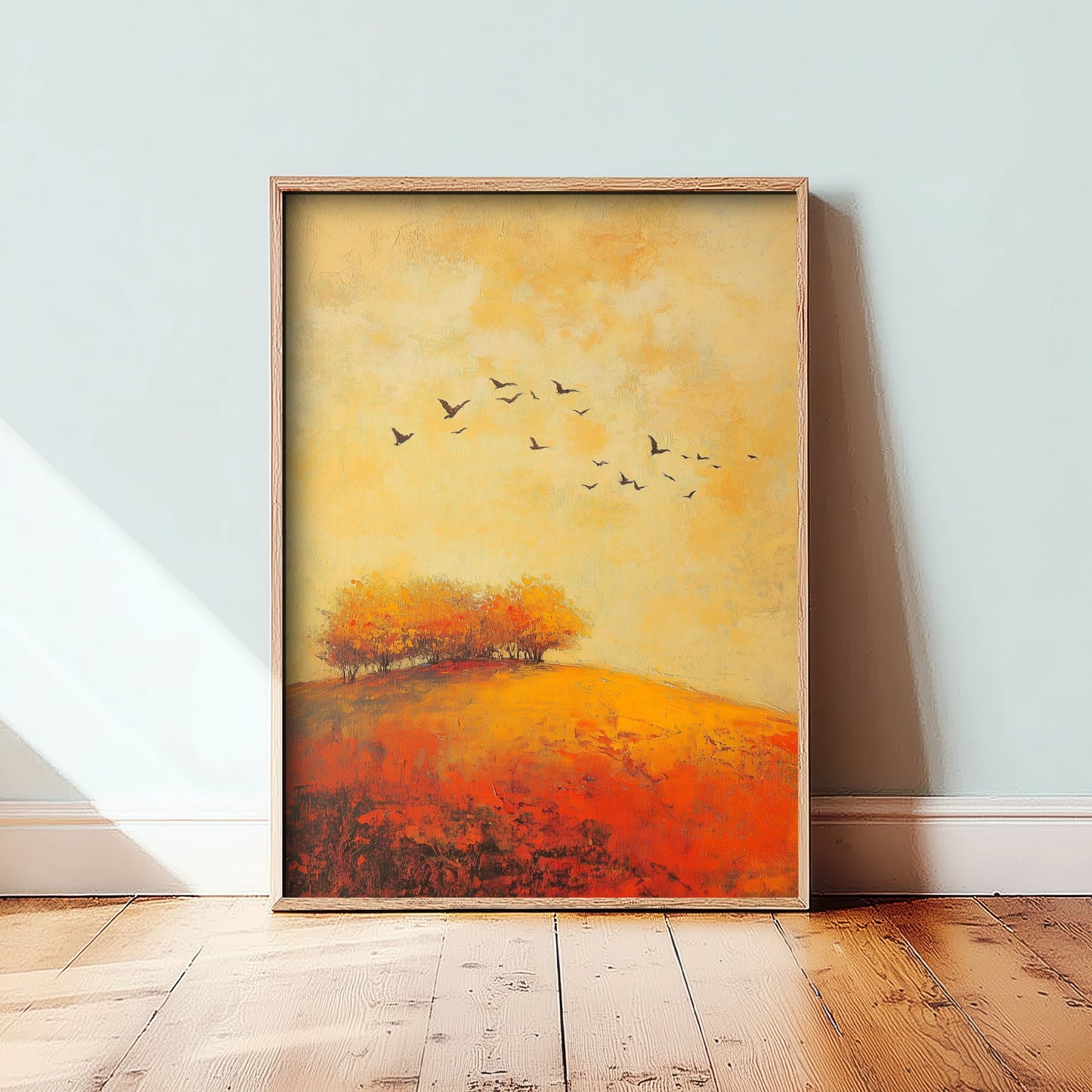 Rolling Hills Landscape Art Print - Butterfly Meadow Poster - Folk Art Painting - Chartreuse Crimson and Fog 2/3