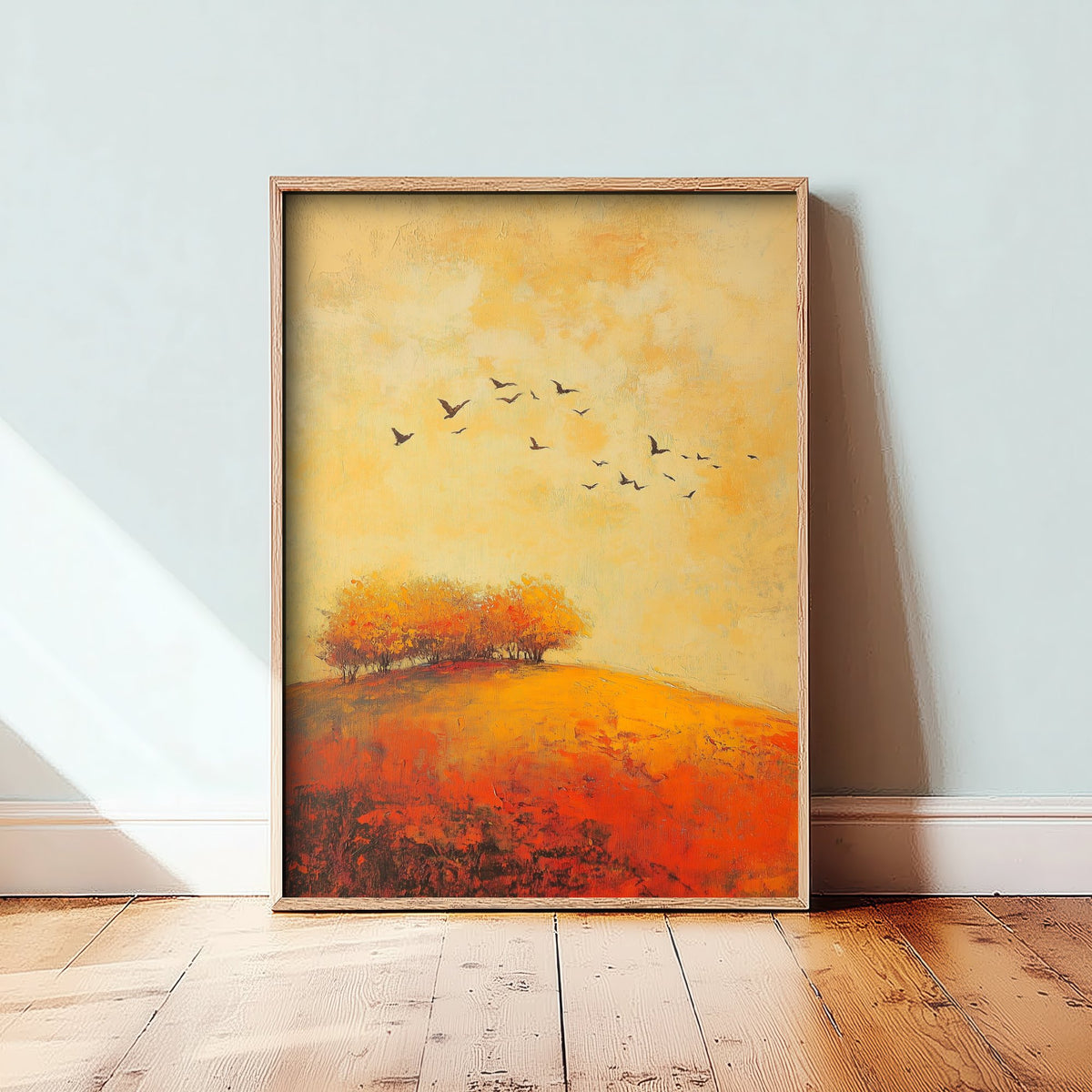 Rolling Hills Landscape Art Print - Butterfly Meadow Poster - Folk Art Painting - Chartreuse Crimson and Fog 2/3
