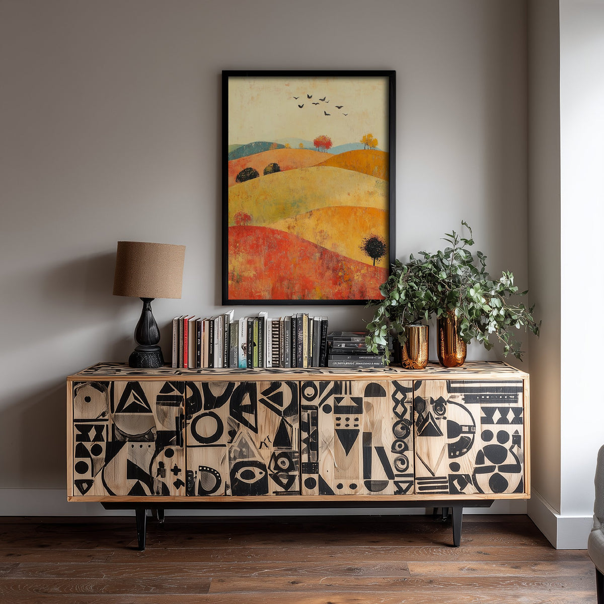 Rolling Hills Landscape Art Print - Butterfly Meadow Poster - Folk Art Painting - Chartreuse Crimson and Fog 3/3
