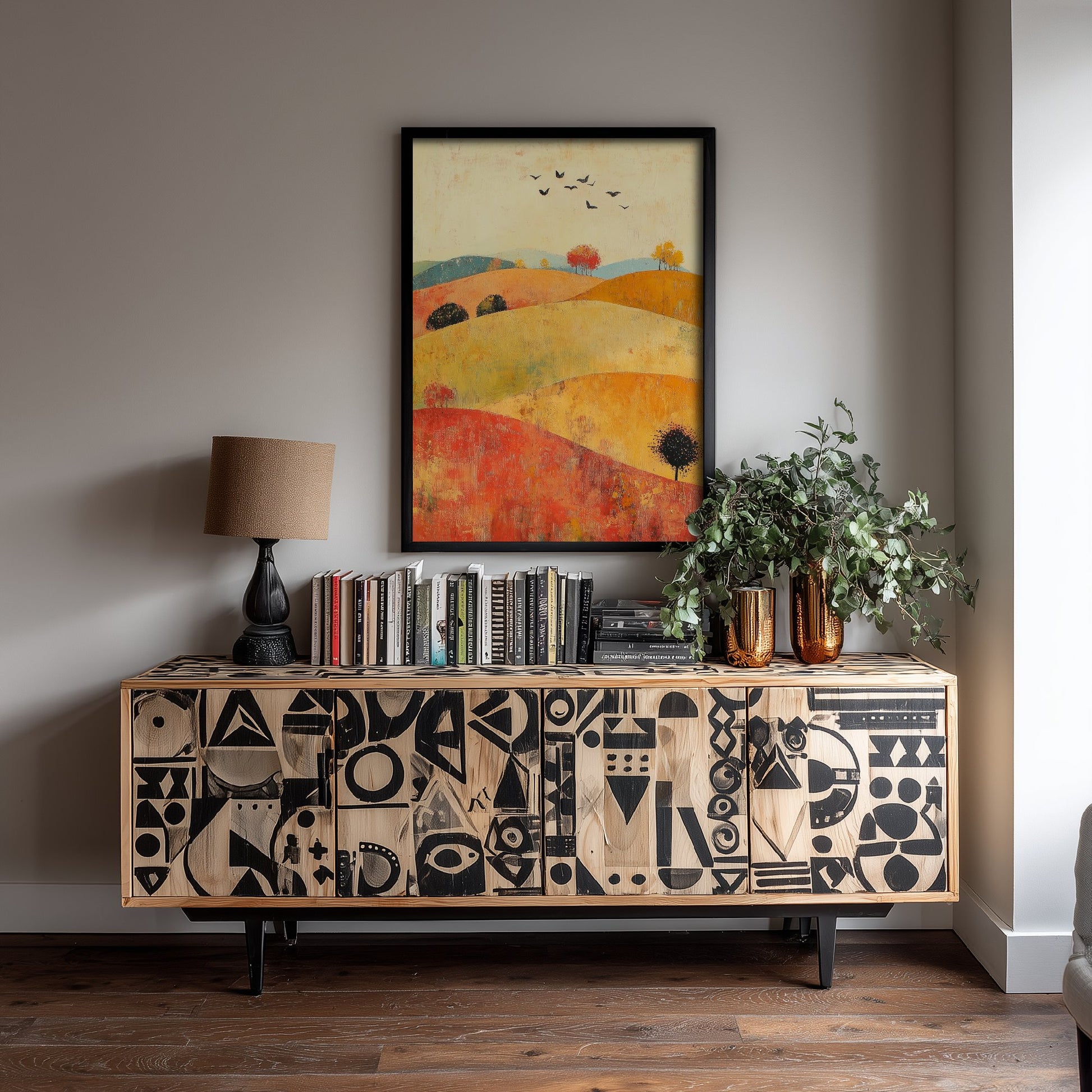 Rolling Hills Landscape Art Print - Butterfly Meadow Poster - Folk Art Painting - Chartreuse Crimson and Fog 3/3