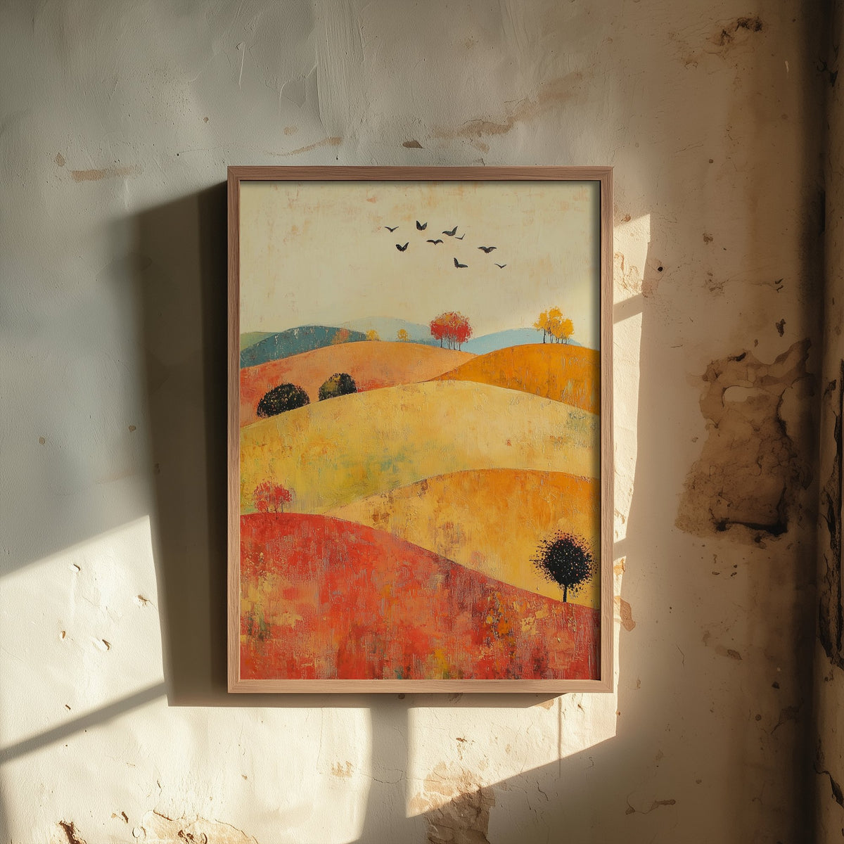 Rolling Hills Landscape Art Print - Butterfly Meadow Poster - Folk Art Painting - Chartreuse Crimson and Fog 3/3