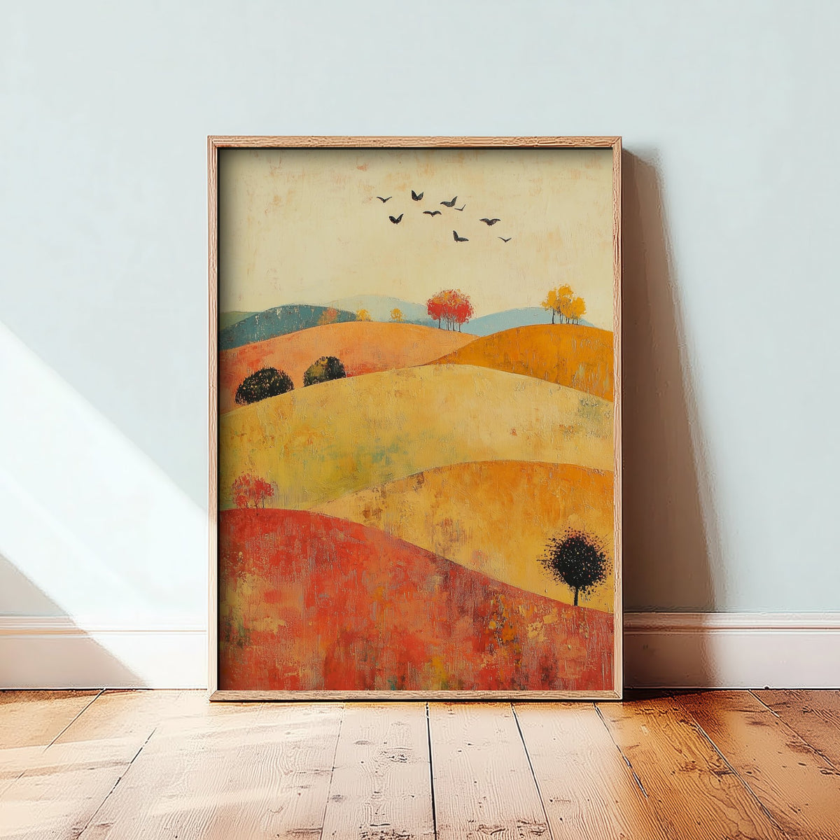 Rolling Hills Landscape Art Print - Butterfly Meadow Poster - Folk Art Painting - Chartreuse Crimson and Fog 3/3