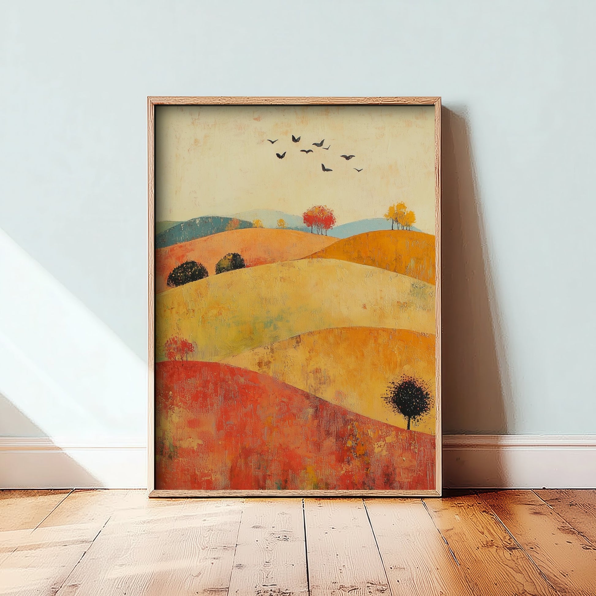 Rolling Hills Landscape Art Print - Butterfly Meadow Poster - Folk Art Painting - Chartreuse Crimson and Fog 3/3