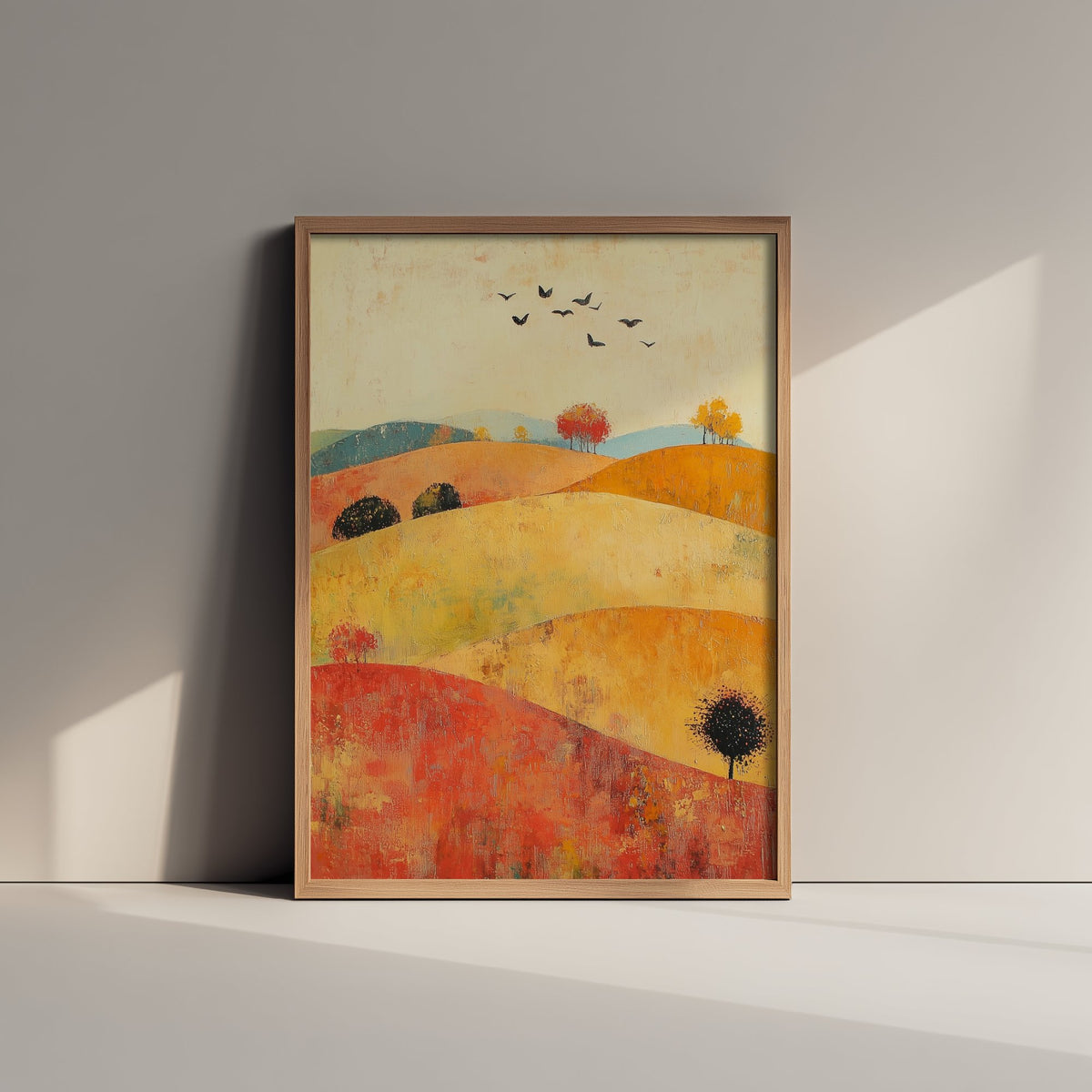 Rolling Hills Landscape Art Print - Butterfly Meadow Poster - Folk Art Painting - Chartreuse Crimson and Fog 3/3