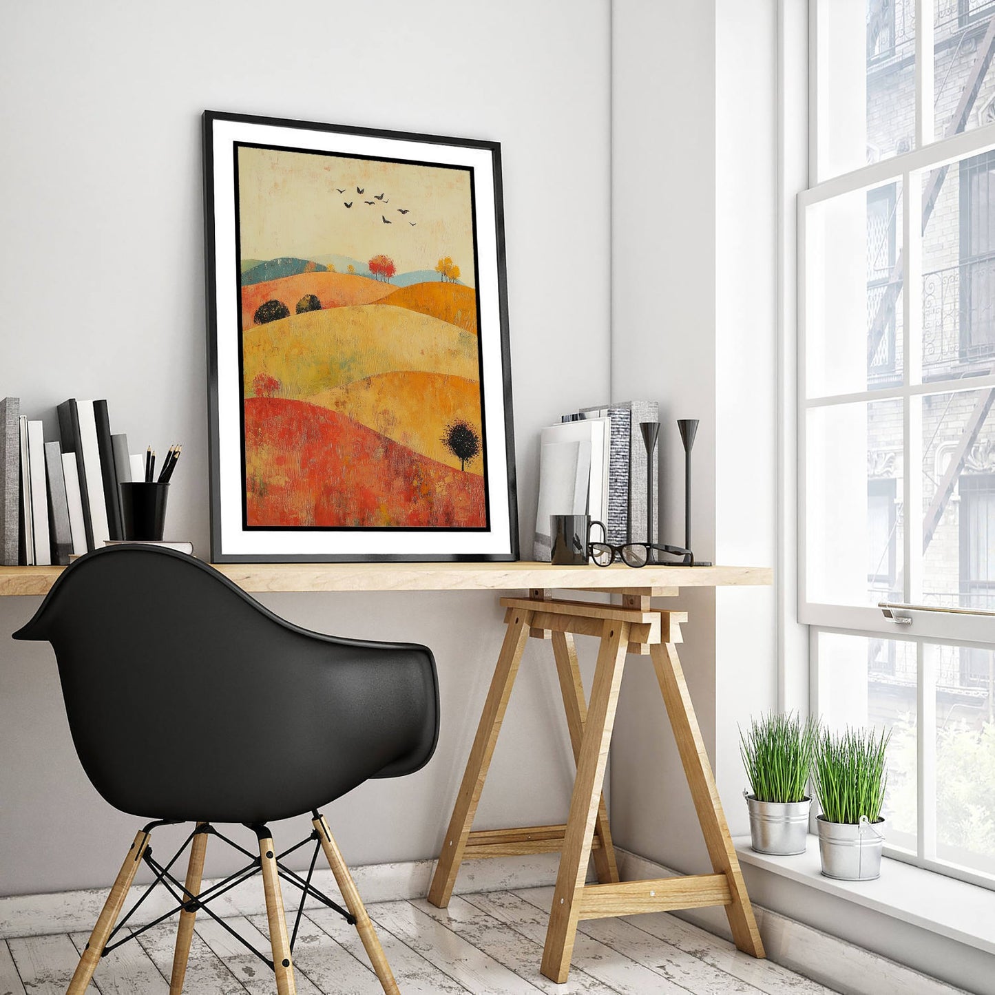 Rolling Hills Landscape Art Print - Butterfly Meadow Poster - Folk Art Painting - Chartreuse Crimson and Fog 3/3