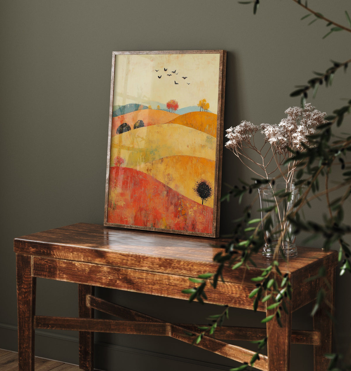 Rolling Hills Landscape Art Print - Butterfly Meadow Poster - Folk Art Painting - Chartreuse Crimson and Fog 3/3