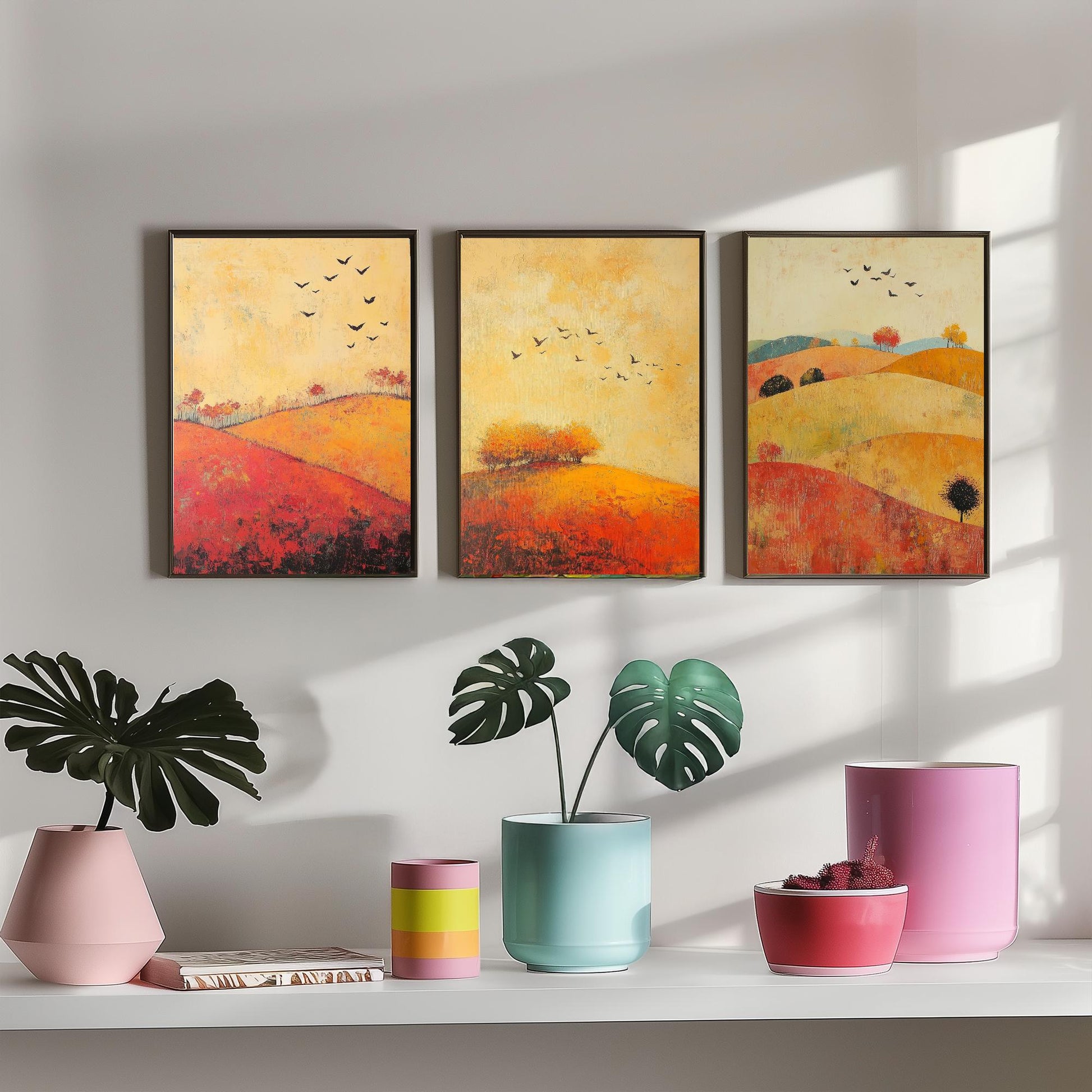 Rolling Hills Butterfly Set of Three Art Prints - Chartreuse Crimson and Fog - Folk Meadow Poster Illustration Gift