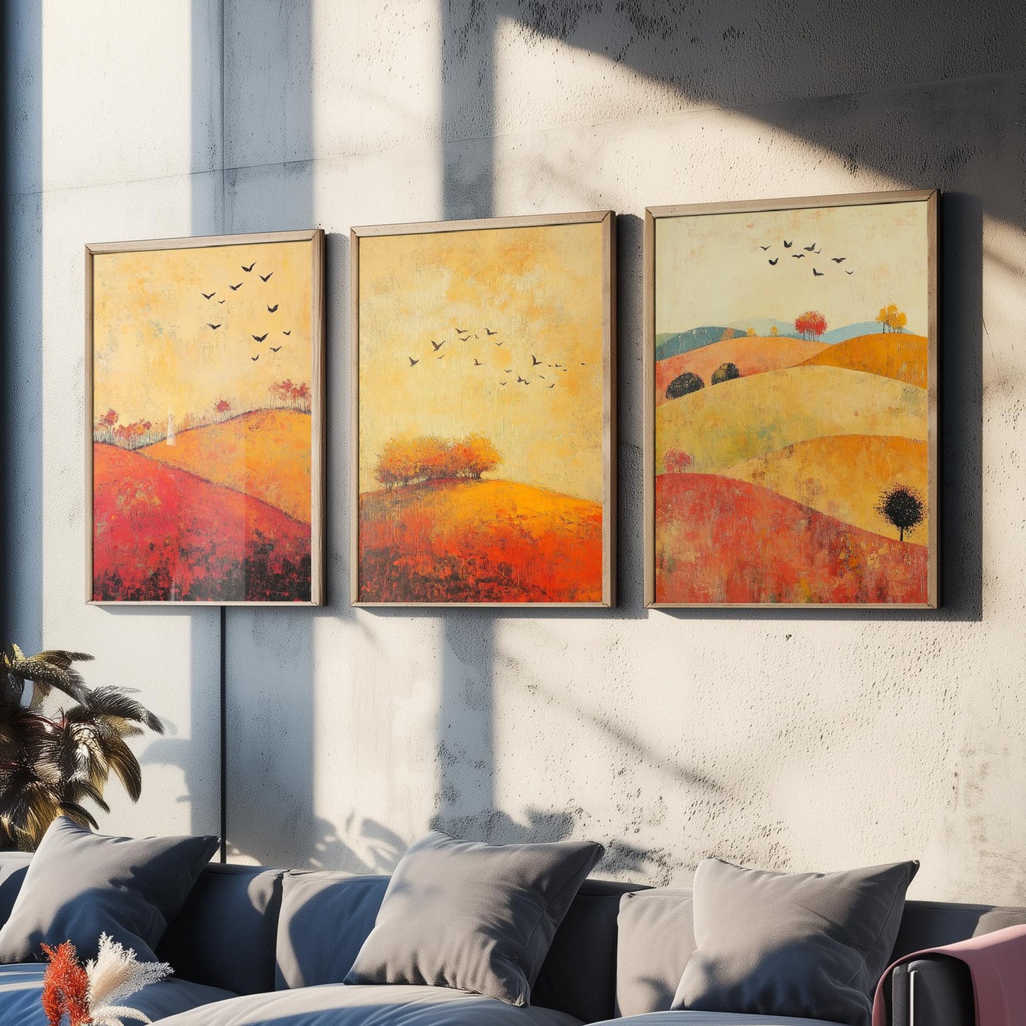 Rolling Hills Butterfly Set of Three Art Prints - Chartreuse Crimson and Fog - Folk Meadow Poster Illustration Gift