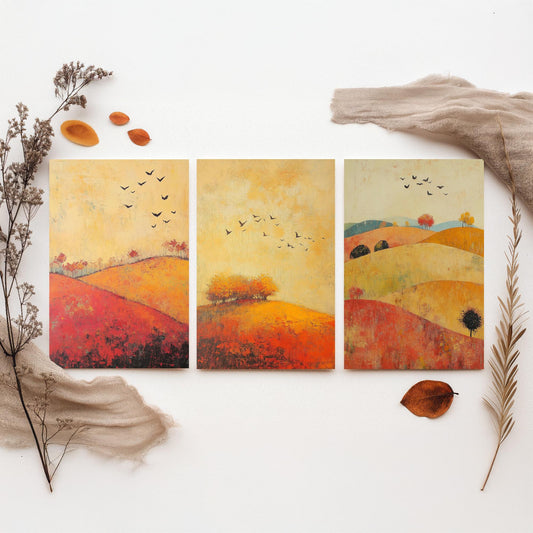 Rolling Hills Butterfly Set of Three Art Prints - Chartreuse Crimson and Fog - Folk Meadow Poster Illustration Gift