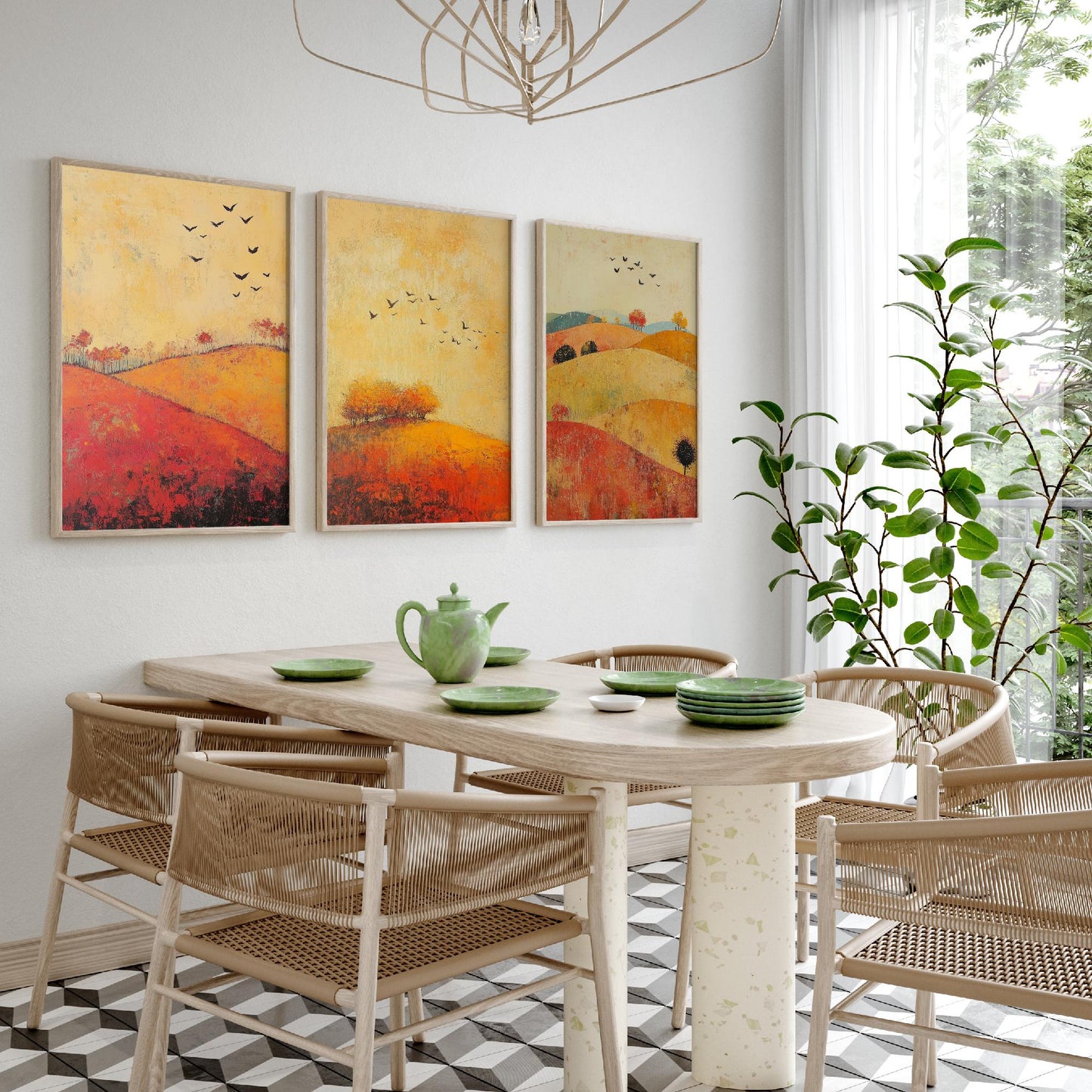 Rolling Hills Butterfly Set of Three Art Prints - Chartreuse Crimson and Fog - Folk Meadow Poster Illustration Gift