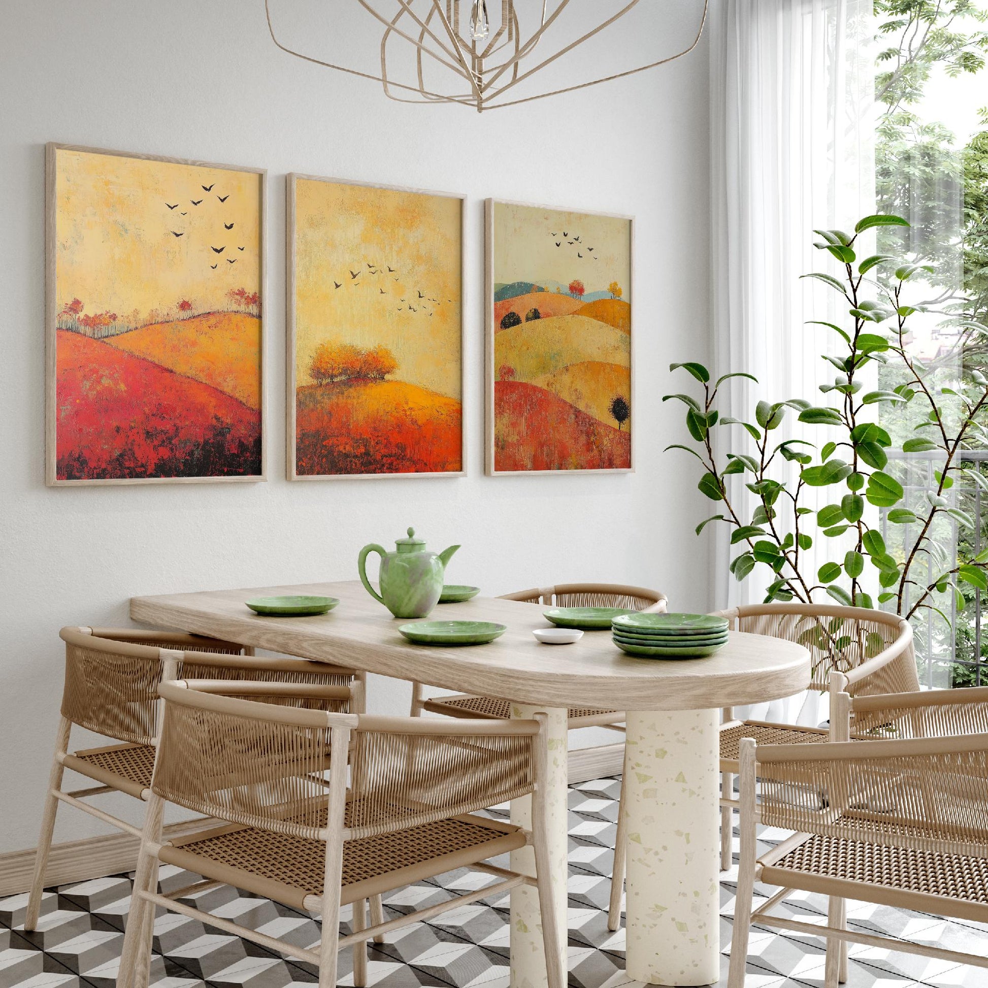 Rolling Hills Butterfly Set of Three Art Prints - Chartreuse Crimson and Fog - Folk Meadow Poster Illustration Gift