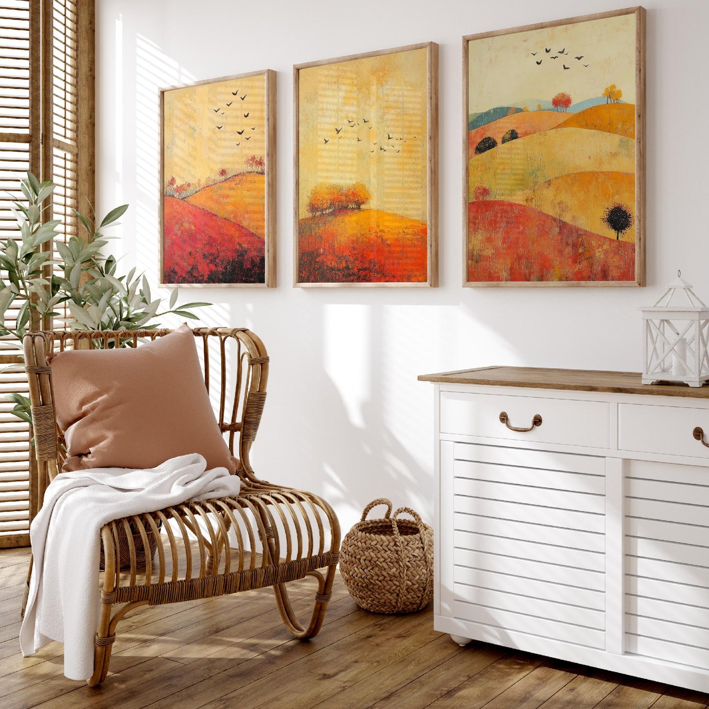 Rolling Hills Butterfly Set of Three Art Prints - Chartreuse Crimson and Fog - Folk Meadow Poster Illustration Gift