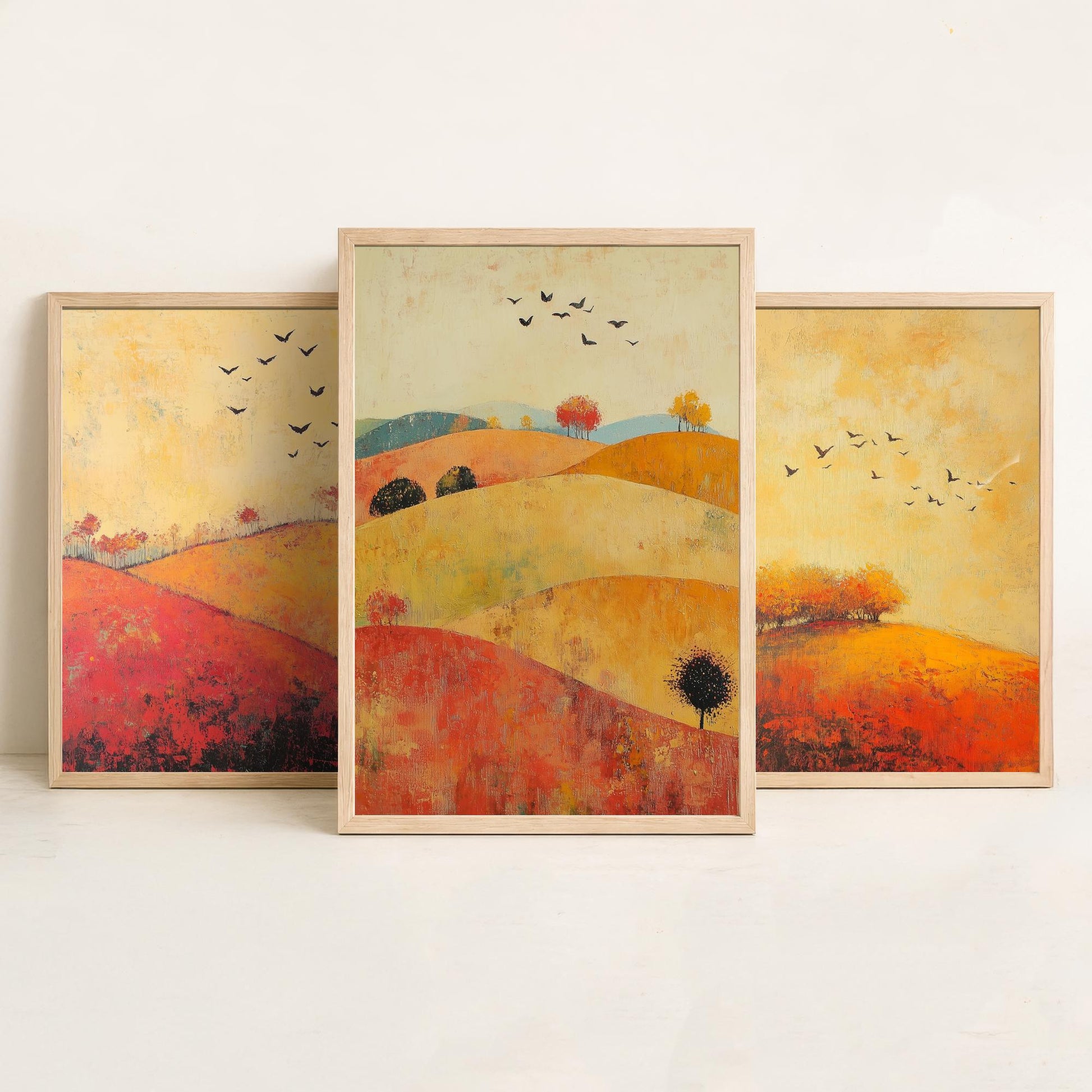 Rolling Hills Butterfly Set of Three Art Prints - Chartreuse Crimson and Fog - Folk Meadow Poster Illustration Gift