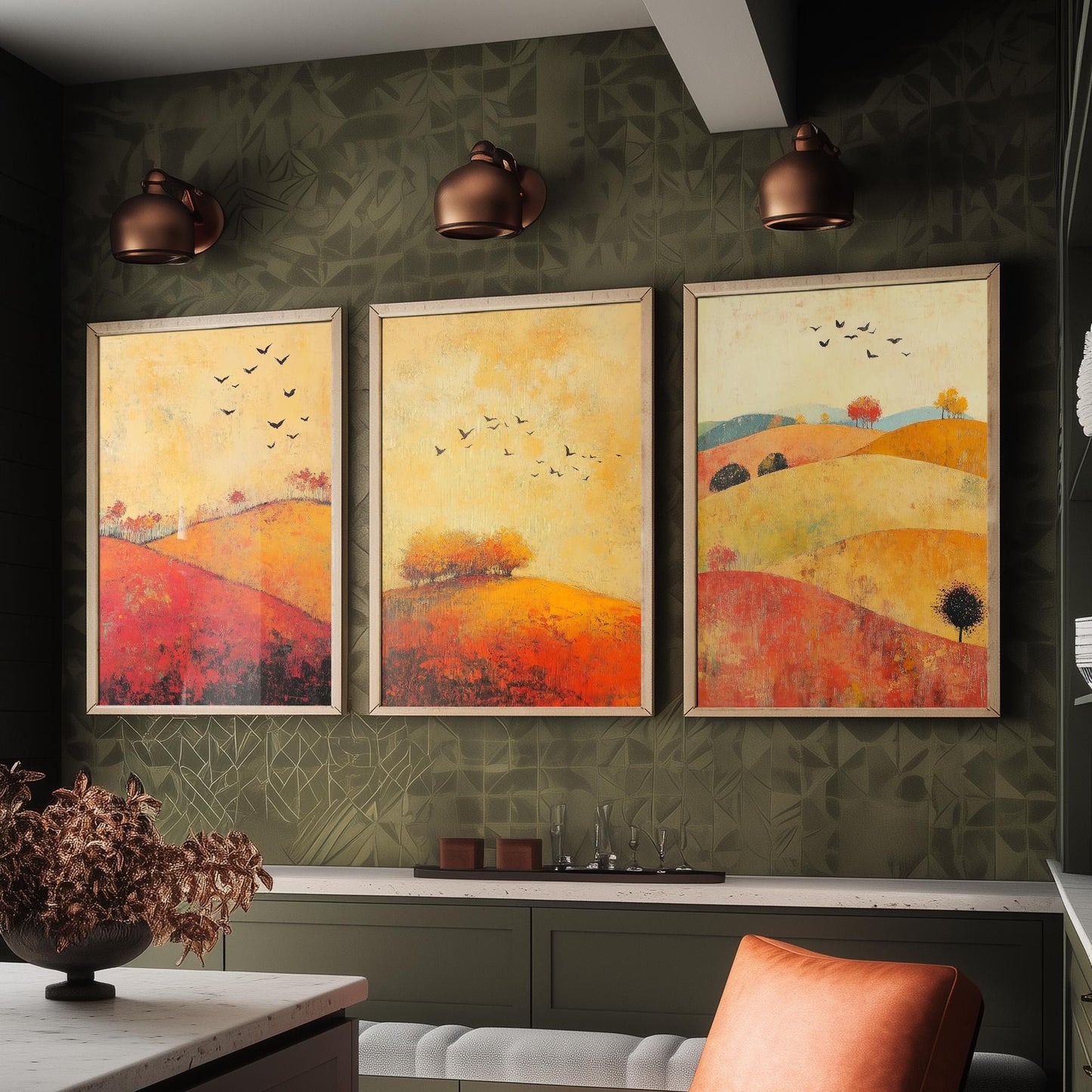 Rolling Hills Butterfly Set of Three Art Prints - Chartreuse Crimson and Fog - Folk Meadow Poster Illustration Gift