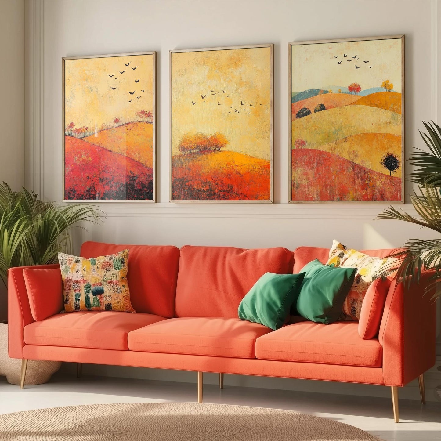 Rolling Hills Butterfly Set of Three Art Prints - Chartreuse Crimson and Fog - Folk Meadow Poster Illustration Gift
