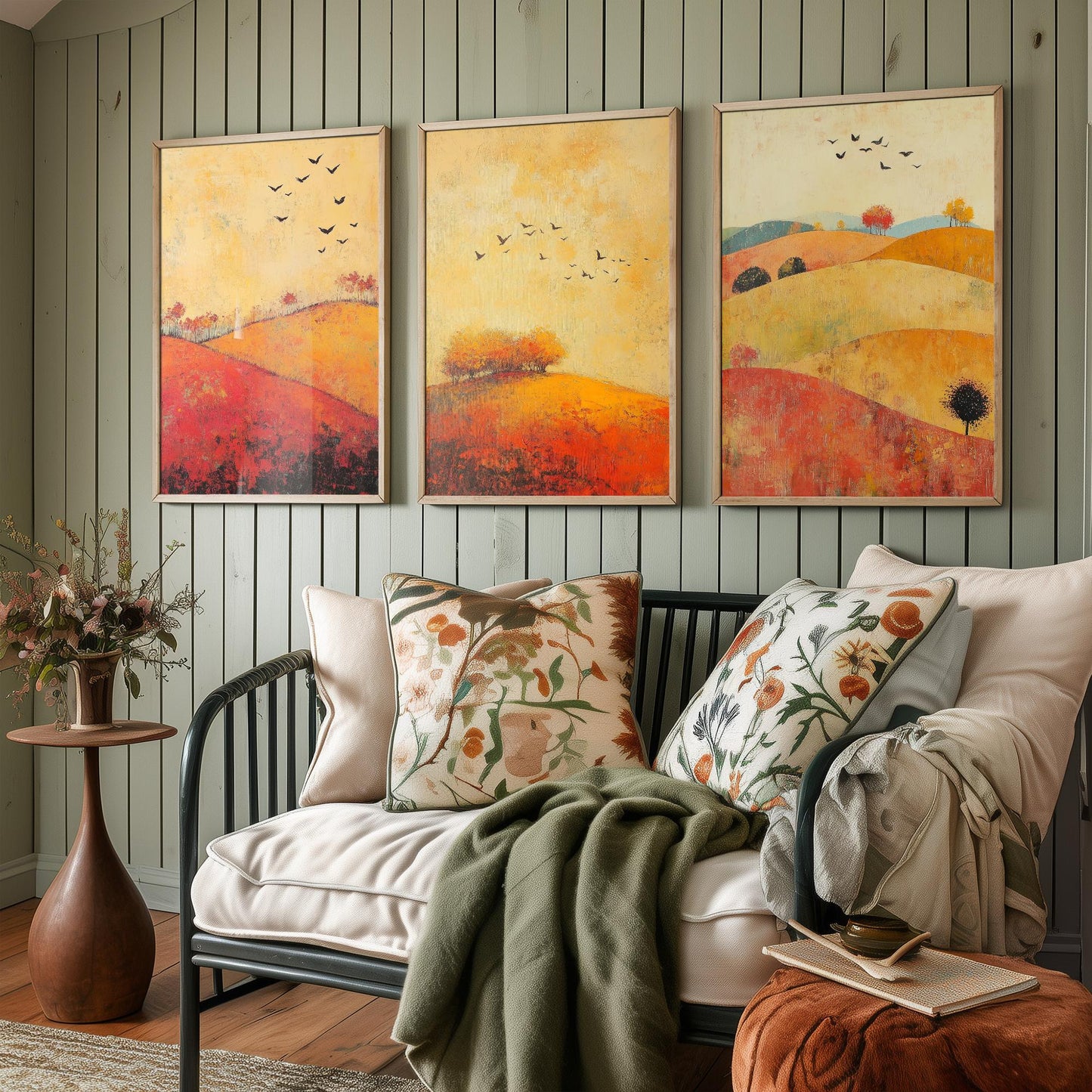 Rolling Hills Butterfly Set of Three Art Prints - Chartreuse Crimson and Fog - Folk Meadow Poster Illustration Gift