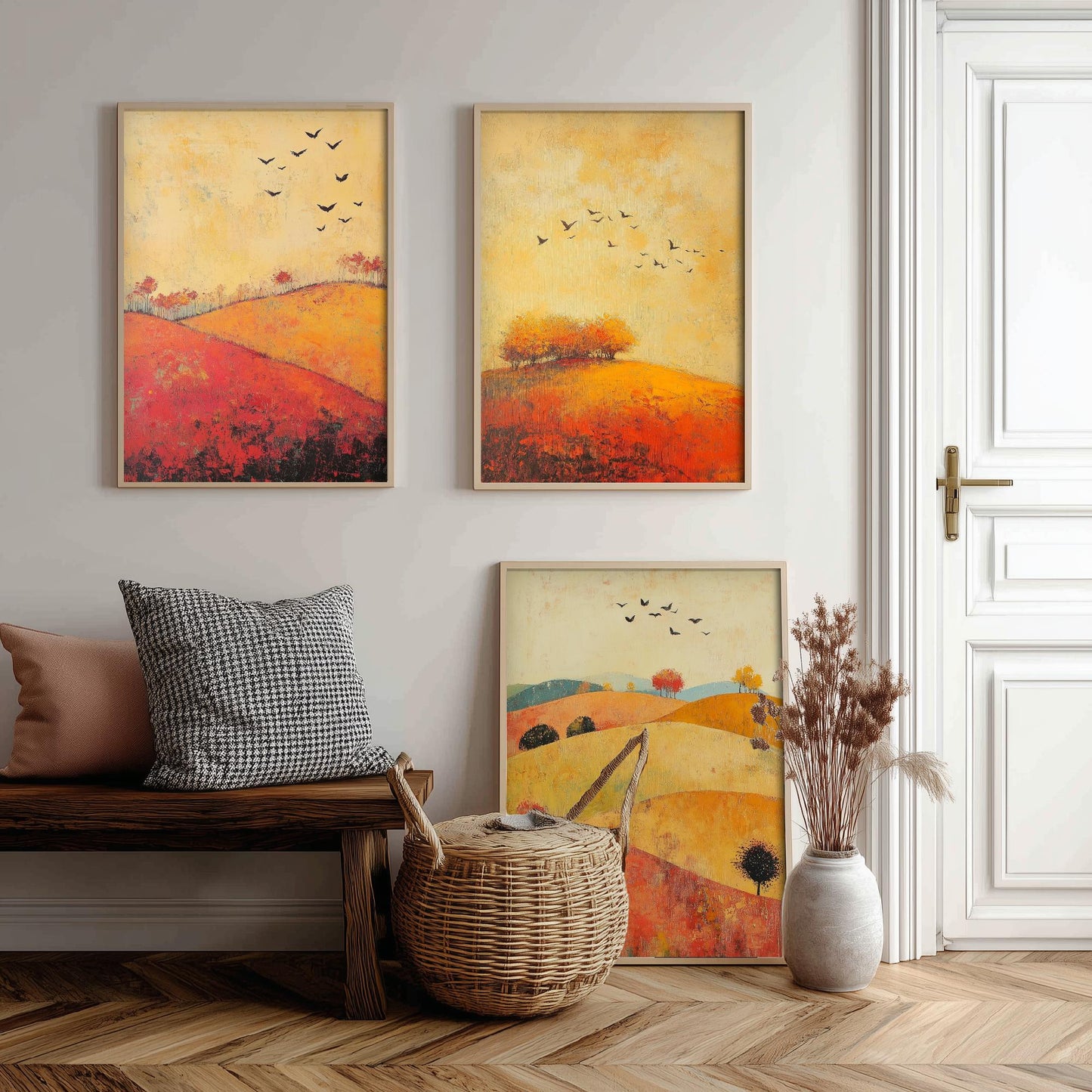 Rolling Hills Butterfly Set of Three Art Prints - Chartreuse Crimson and Fog - Folk Meadow Poster Illustration Gift