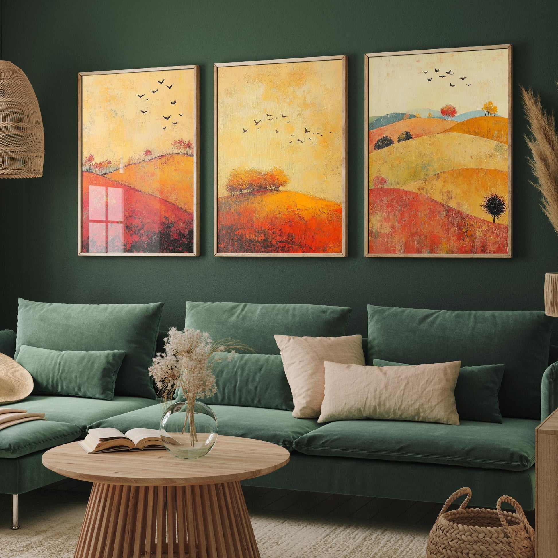 Rolling Hills Butterfly Set of Three Art Prints - Chartreuse Crimson and Fog - Folk Meadow Poster Illustration Gift