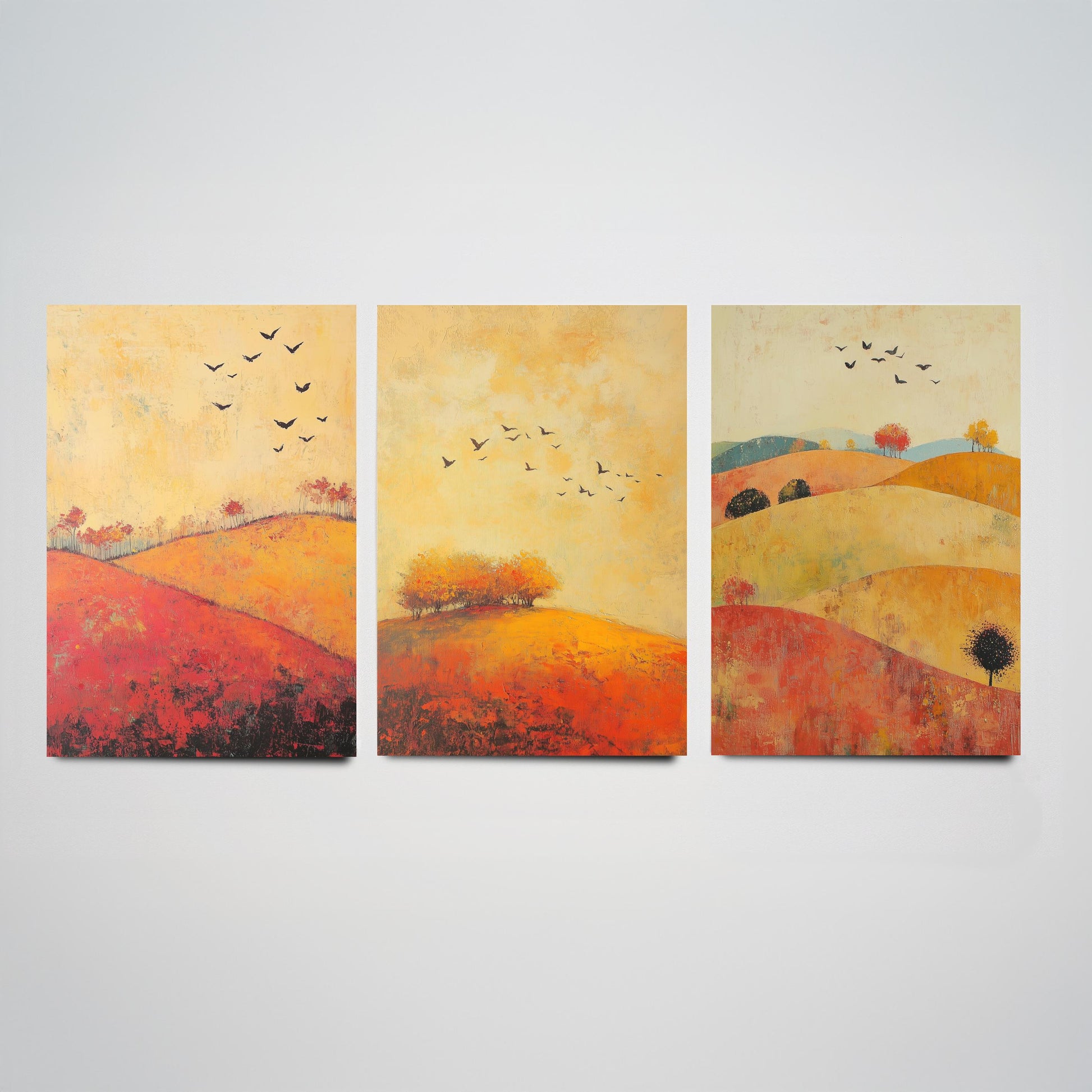 Rolling Hills Butterfly Set of Three Art Prints - Chartreuse Crimson and Fog - Folk Meadow Poster Illustration Gift