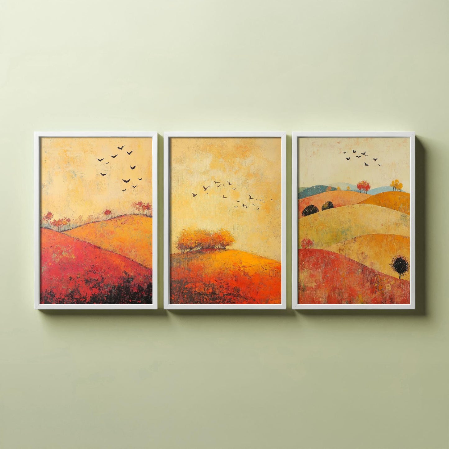 Rolling Hills Butterfly Set of Three Art Prints - Chartreuse Crimson and Fog - Folk Meadow Poster Illustration Gift