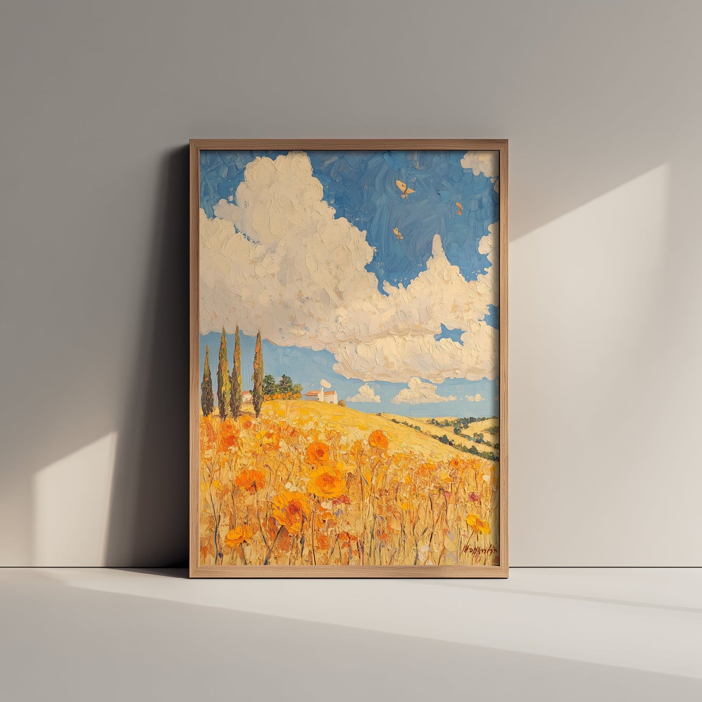 Rolling Hills Landscape Art Print - Butterfly Meadow Poster - Folk Art Painting - Cobalt Marmalade and Snowdrift 1/3