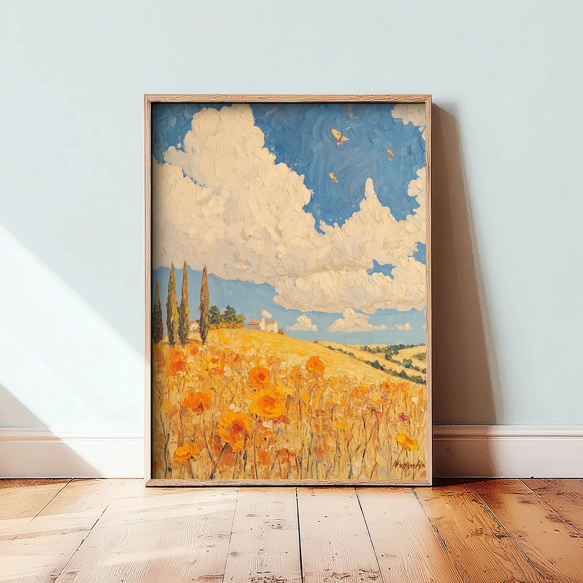 Rolling Hills Landscape Art Print - Butterfly Meadow Poster - Folk Art Painting - Cobalt Marmalade and Snowdrift 1/3