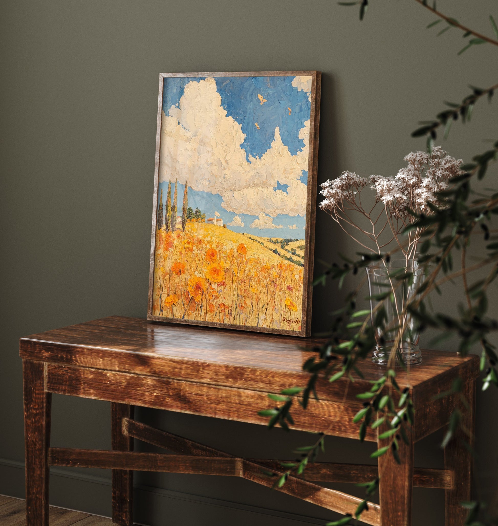 Rolling Hills Landscape Art Print - Butterfly Meadow Poster - Folk Art Painting - Cobalt Marmalade and Snowdrift 1/3