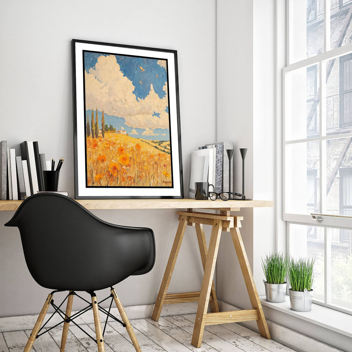 Rolling Hills Landscape Art Print - Butterfly Meadow Poster - Folk Art Painting - Cobalt Marmalade and Snowdrift 1/3