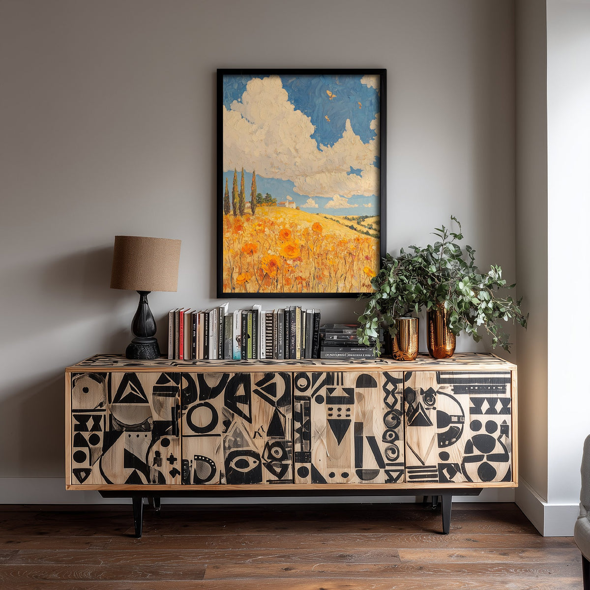 Rolling Hills Landscape Art Print - Butterfly Meadow Poster - Folk Art Painting - Cobalt Marmalade and Snowdrift 1/3