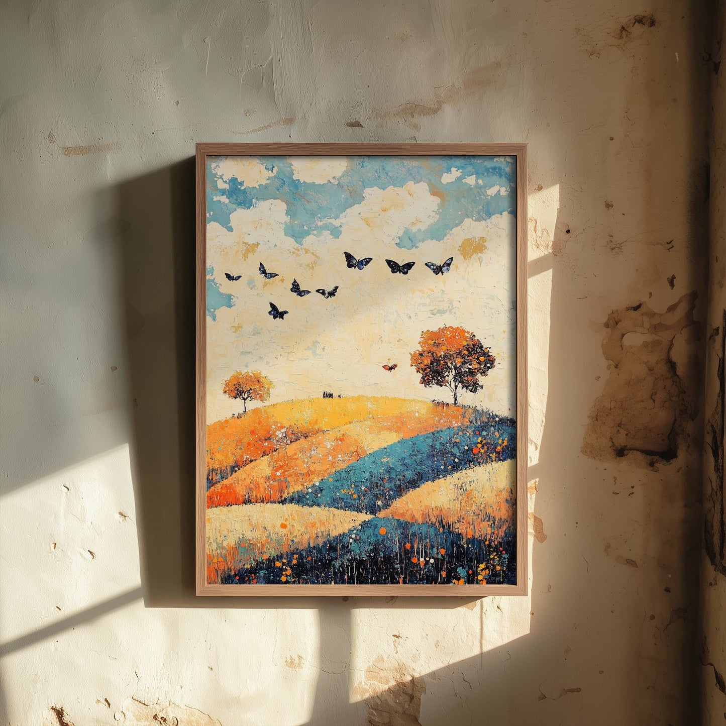 Rolling Hills Landscape Art Print - Butterfly Meadow Poster - Folk Art Painting - Cobalt Marmalade and Snowdrift 2/3