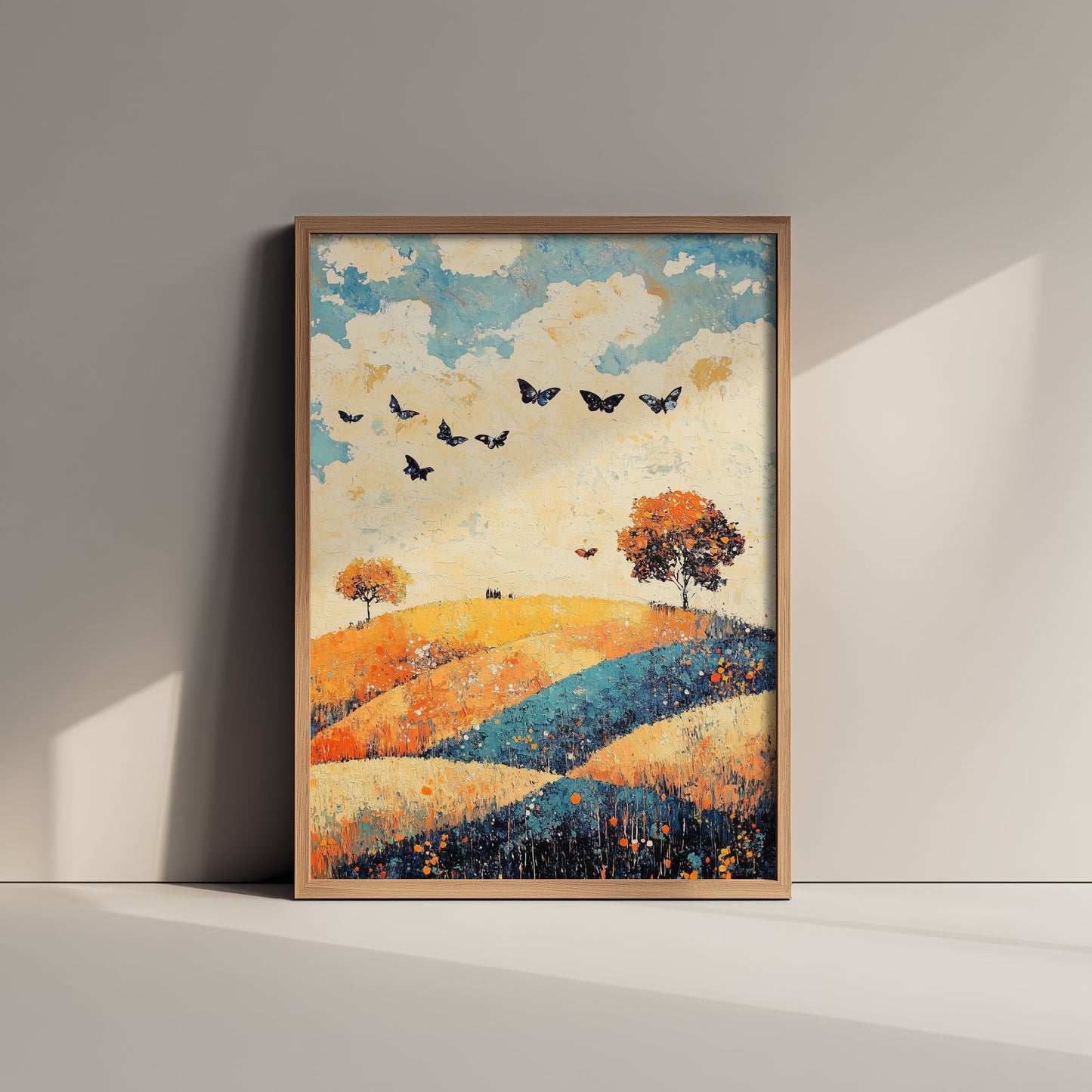 Rolling Hills Landscape Art Print - Butterfly Meadow Poster - Folk Art Painting - Cobalt Marmalade and Snowdrift 2/3