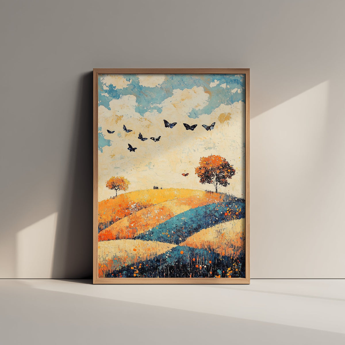 Rolling Hills Landscape Art Print - Butterfly Meadow Poster - Folk Art Painting - Cobalt Marmalade and Snowdrift 2/3