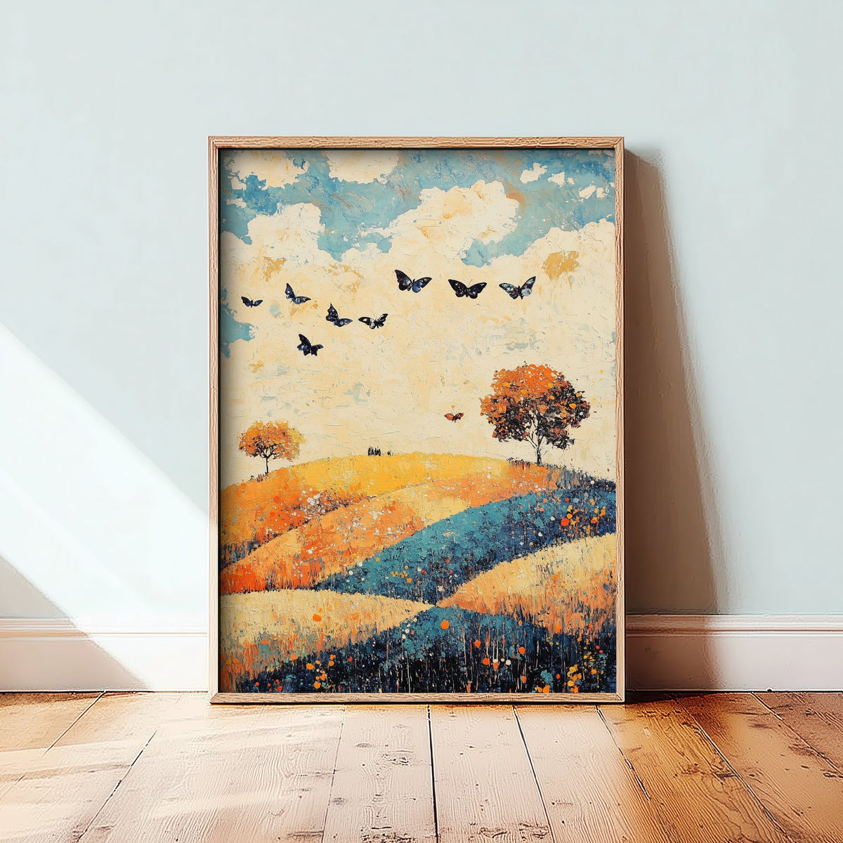 Rolling Hills Landscape Art Print - Butterfly Meadow Poster - Folk Art Painting - Cobalt Marmalade and Snowdrift 2/3
