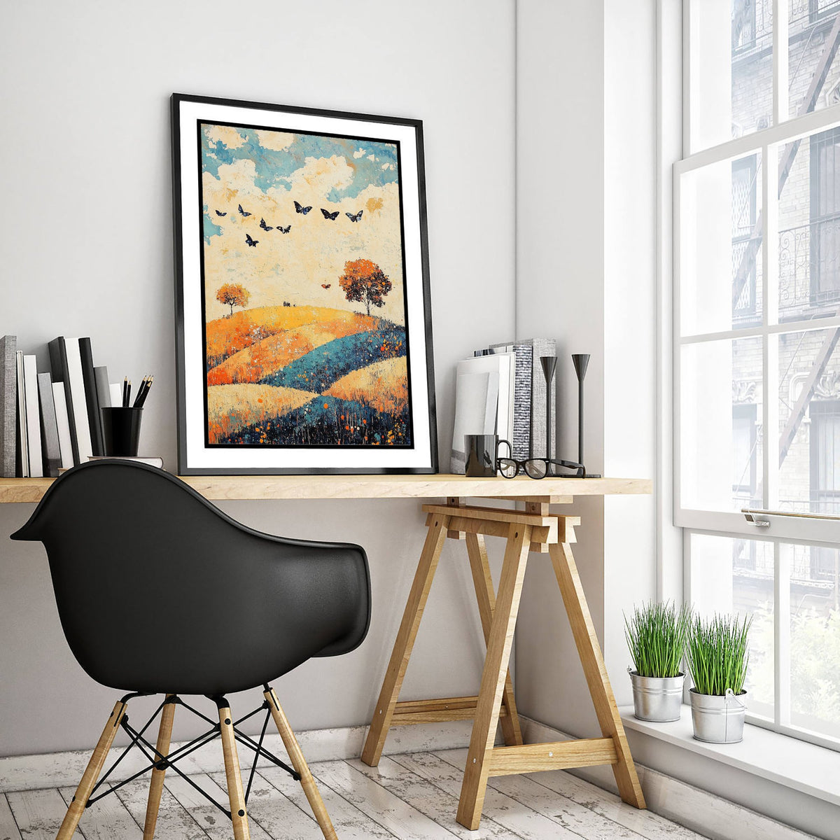 Rolling Hills Landscape Art Print - Butterfly Meadow Poster - Folk Art Painting - Cobalt Marmalade and Snowdrift 2/3