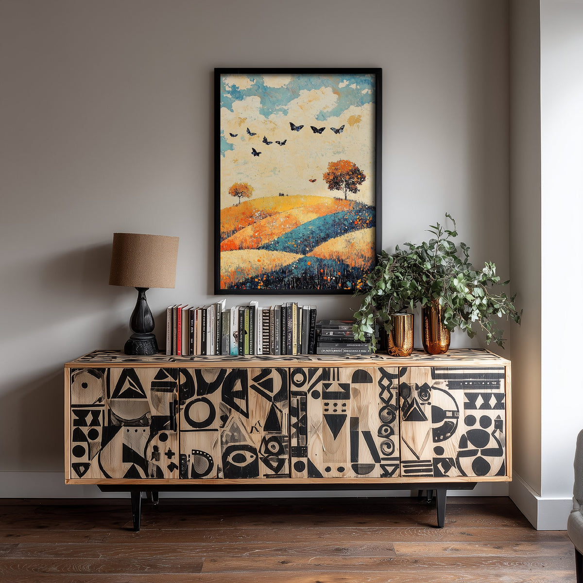 Rolling Hills Landscape Art Print - Butterfly Meadow Poster - Folk Art Painting - Cobalt Marmalade and Snowdrift 2/3