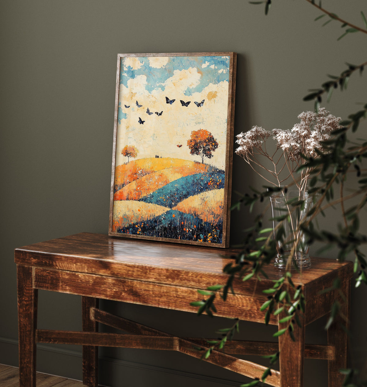 Rolling Hills Landscape Art Print - Butterfly Meadow Poster - Folk Art Painting - Cobalt Marmalade and Snowdrift 2/3