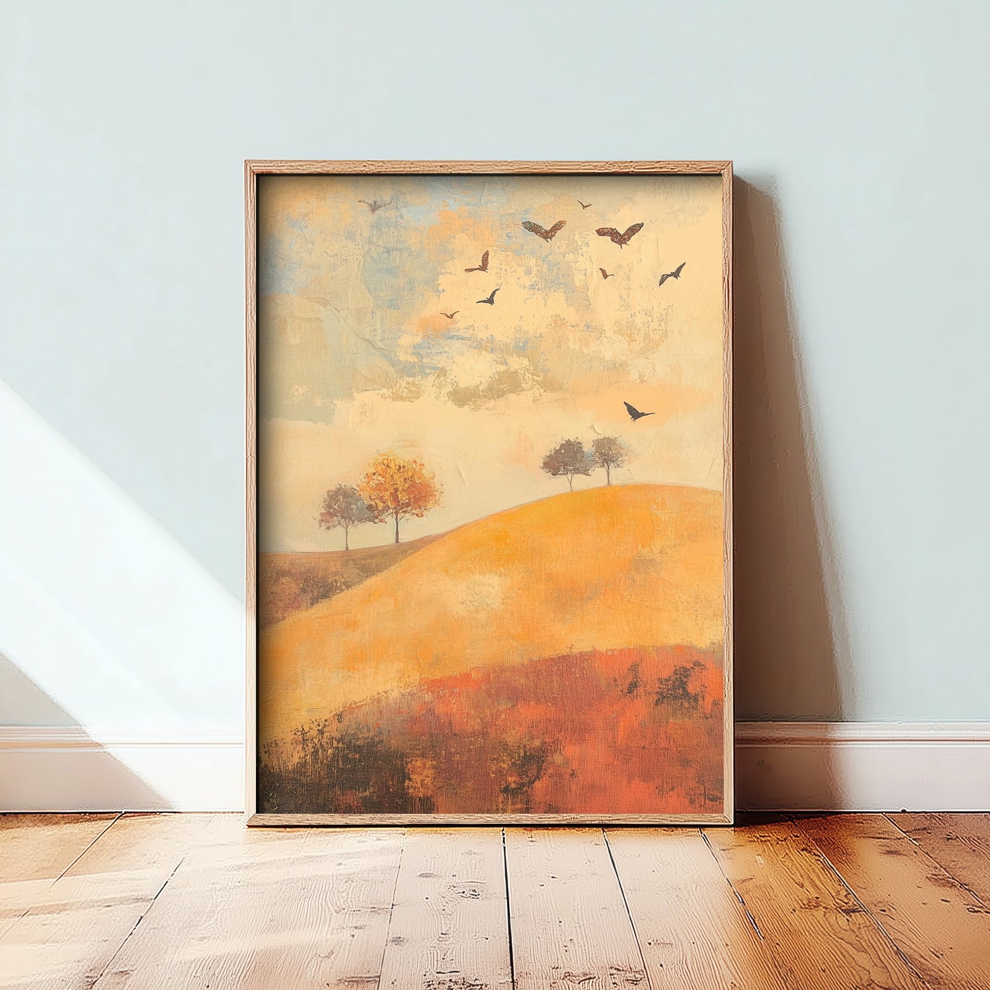 Rolling Hills Landscape Art Print - Butterfly Meadow Poster - Folk Art Painting - Cobalt Marmalade and Snowdrift 3/3