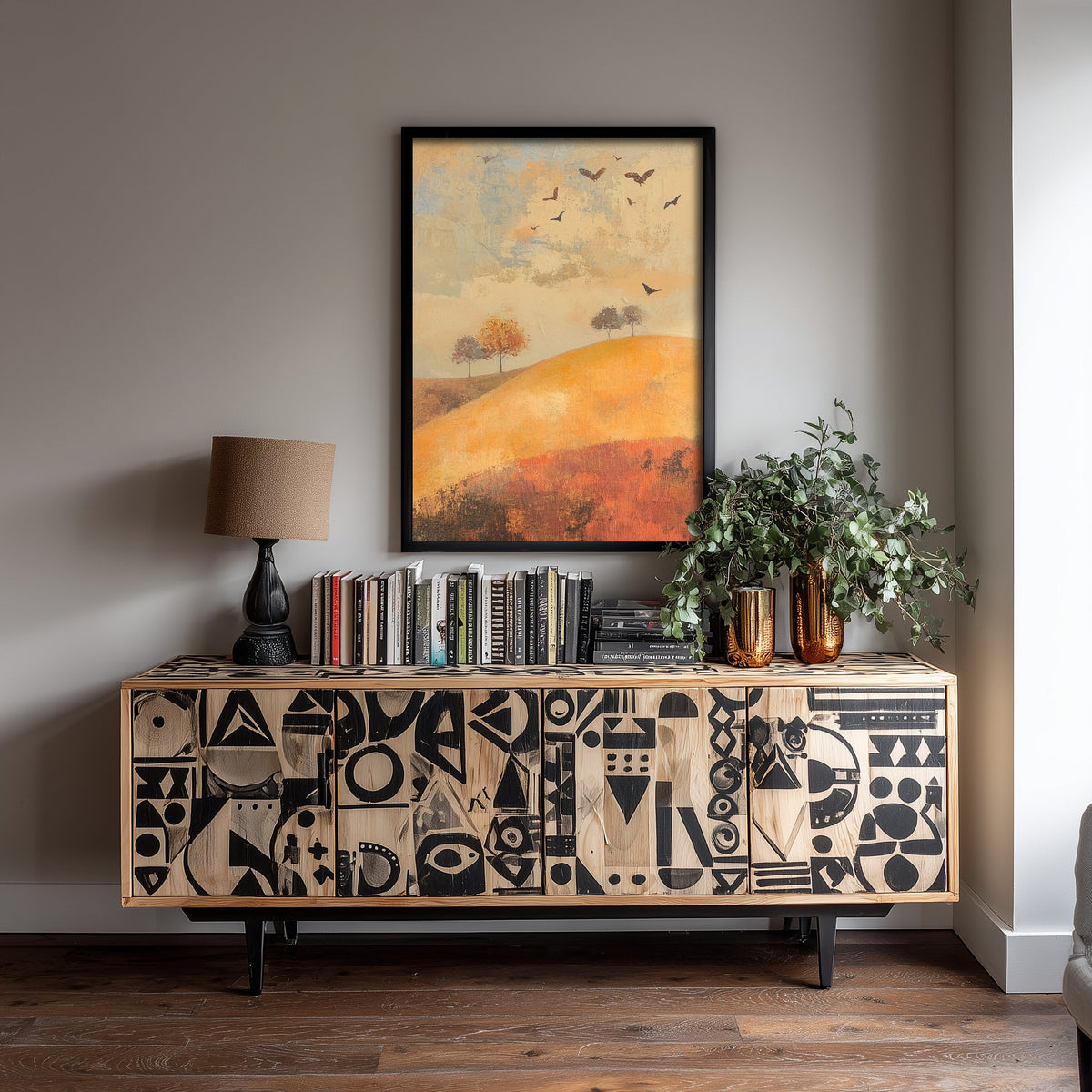Rolling Hills Landscape Art Print - Butterfly Meadow Poster - Folk Art Painting - Cobalt Marmalade and Snowdrift 3/3