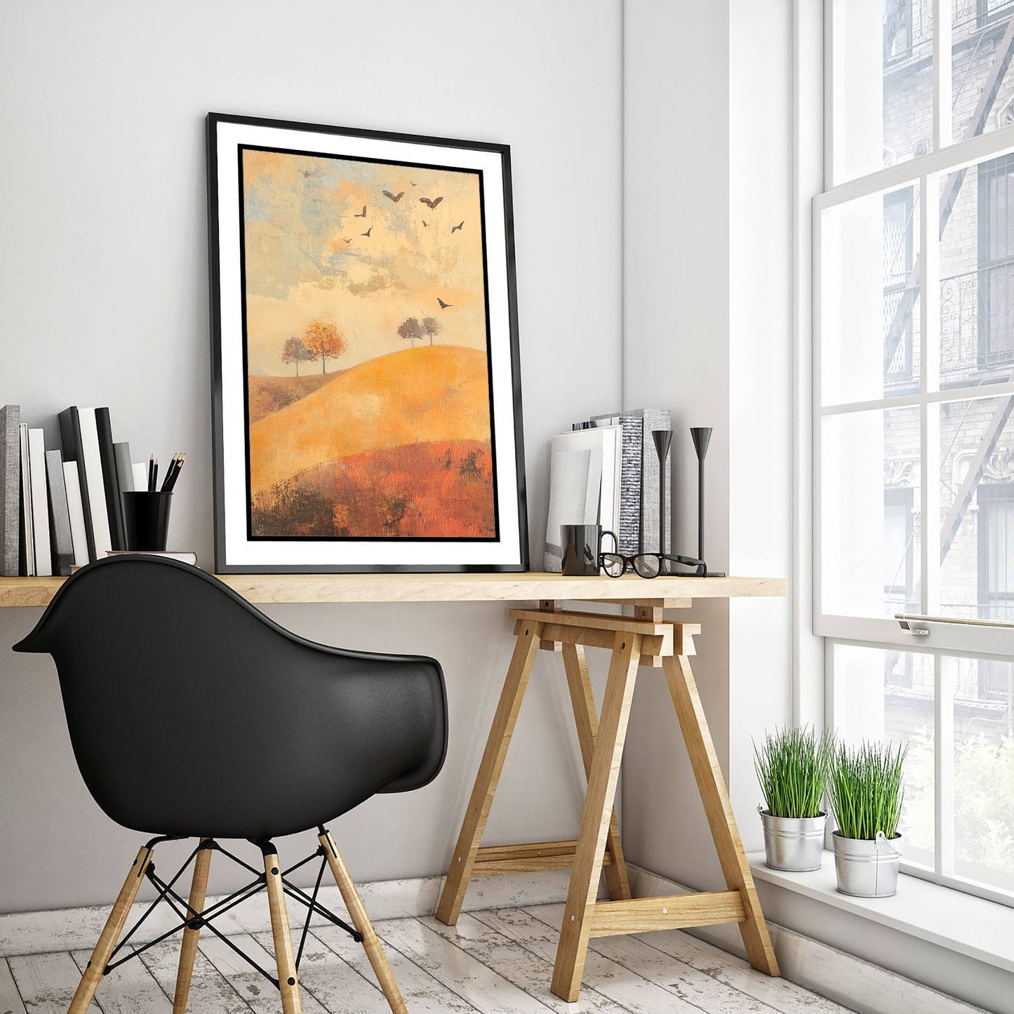 Rolling Hills Landscape Art Print - Butterfly Meadow Poster - Folk Art Painting - Cobalt Marmalade and Snowdrift 3/3