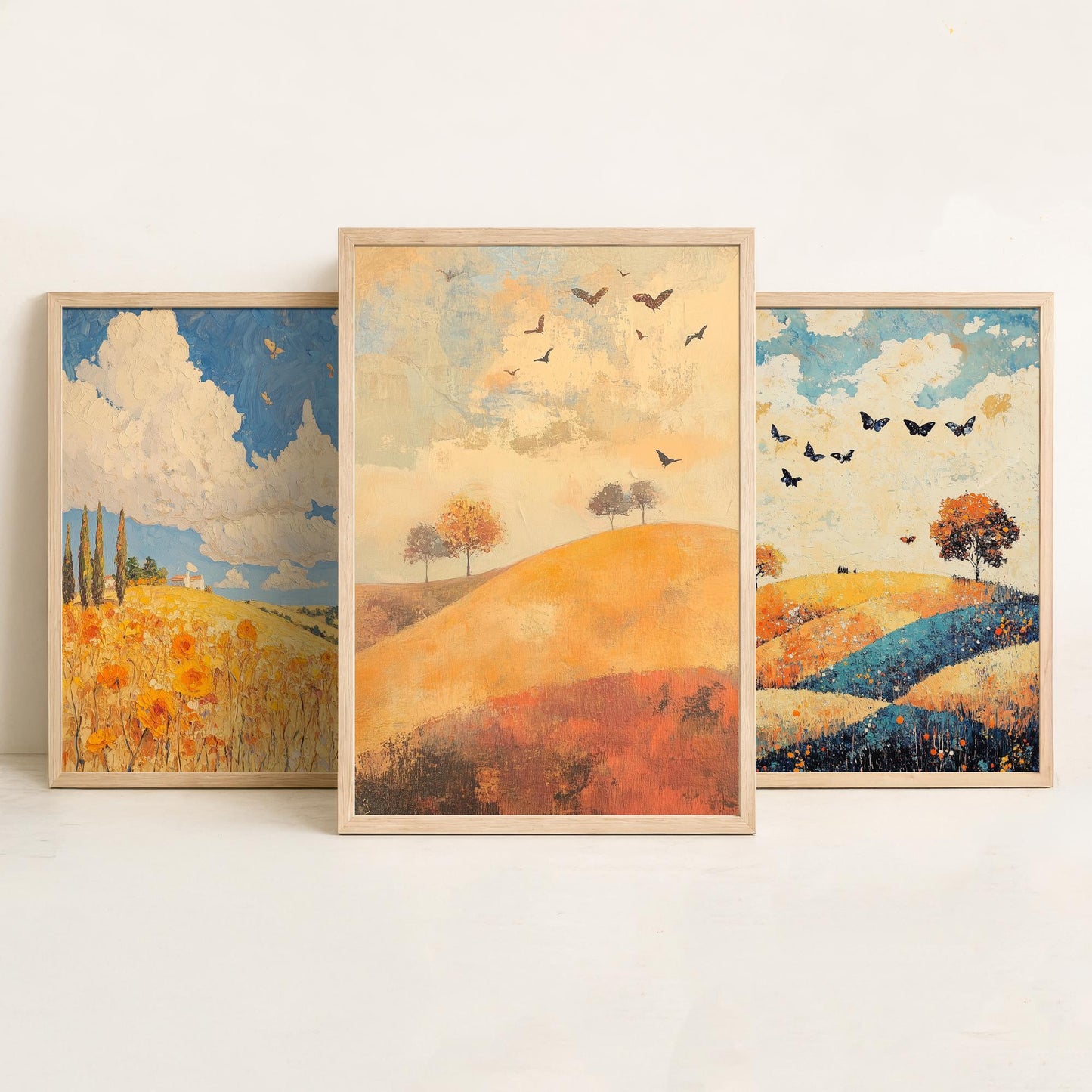 Rolling Hills Butterfly Set of Three Art Prints - Cobalt Marmalade and Snowdrift - Folk Meadow Poster Illustration Gift