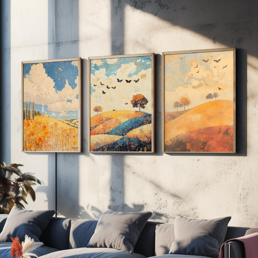 Rolling Hills Butterfly Set of Three Art Prints - Cobalt Marmalade and Snowdrift - Folk Meadow Poster Illustration Gift