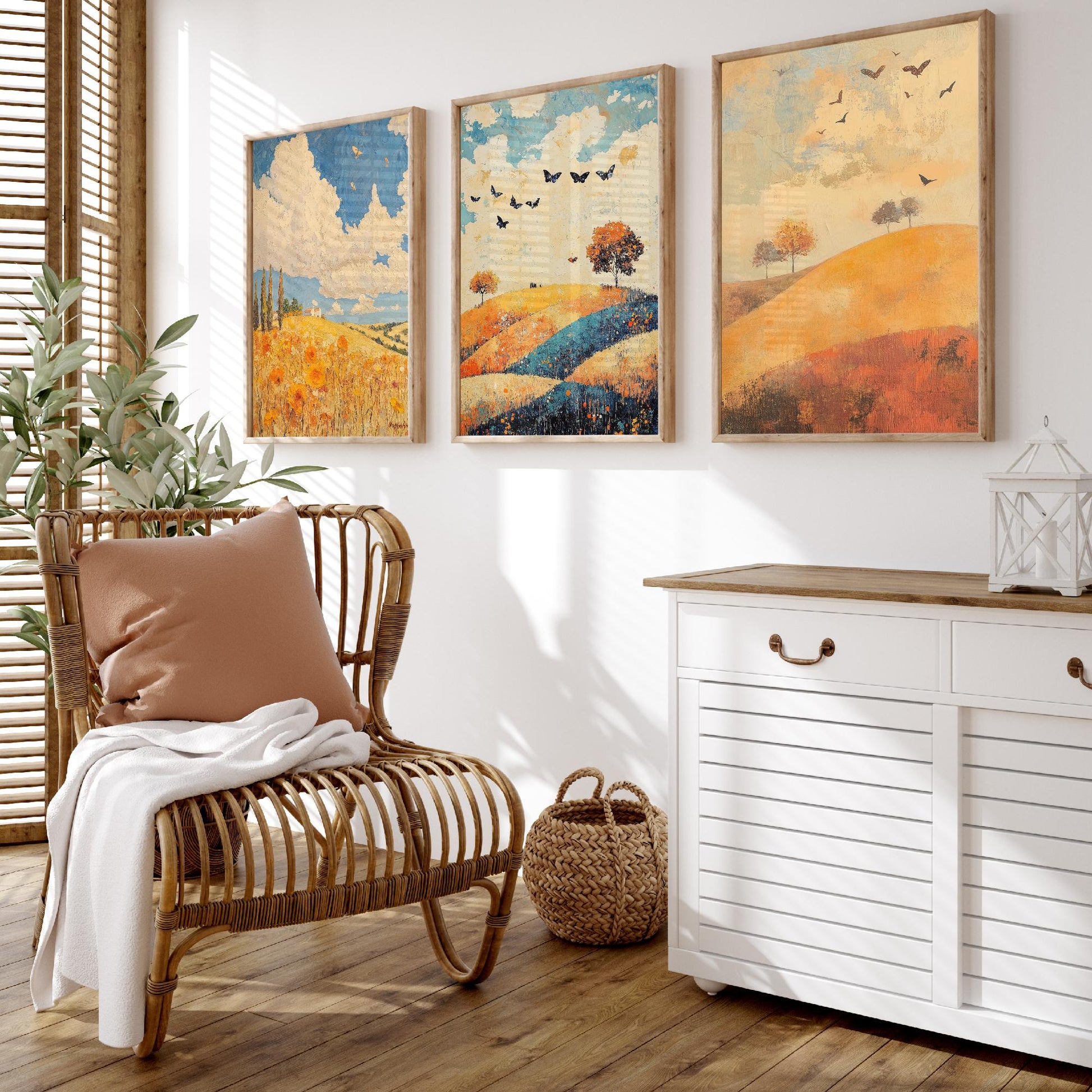Rolling Hills Butterfly Set of Three Art Prints - Cobalt Marmalade and Snowdrift - Folk Meadow Poster Illustration Gift