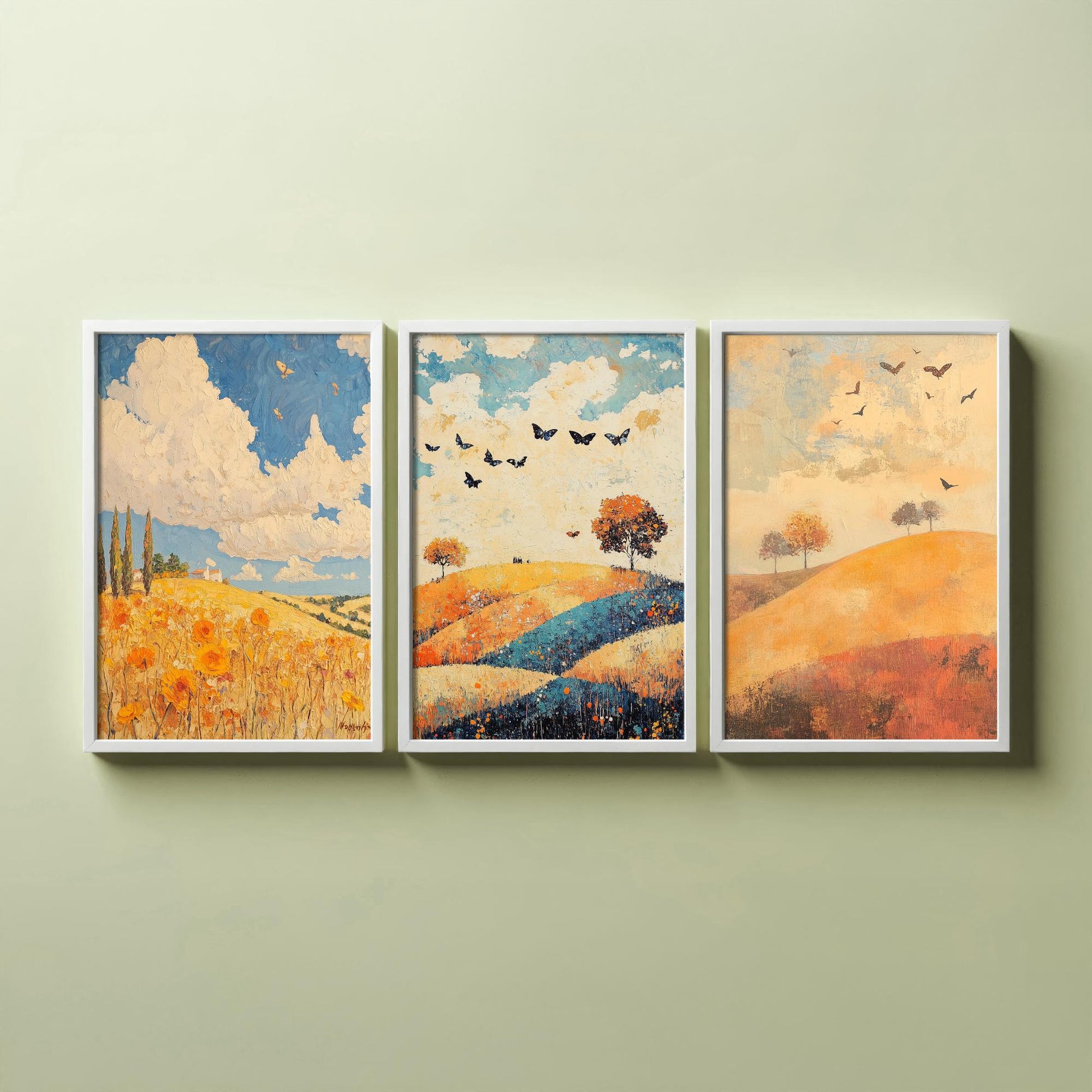 Rolling Hills Butterfly Set of Three Art Prints - Cobalt Marmalade and Snowdrift - Folk Meadow Poster Illustration Gift