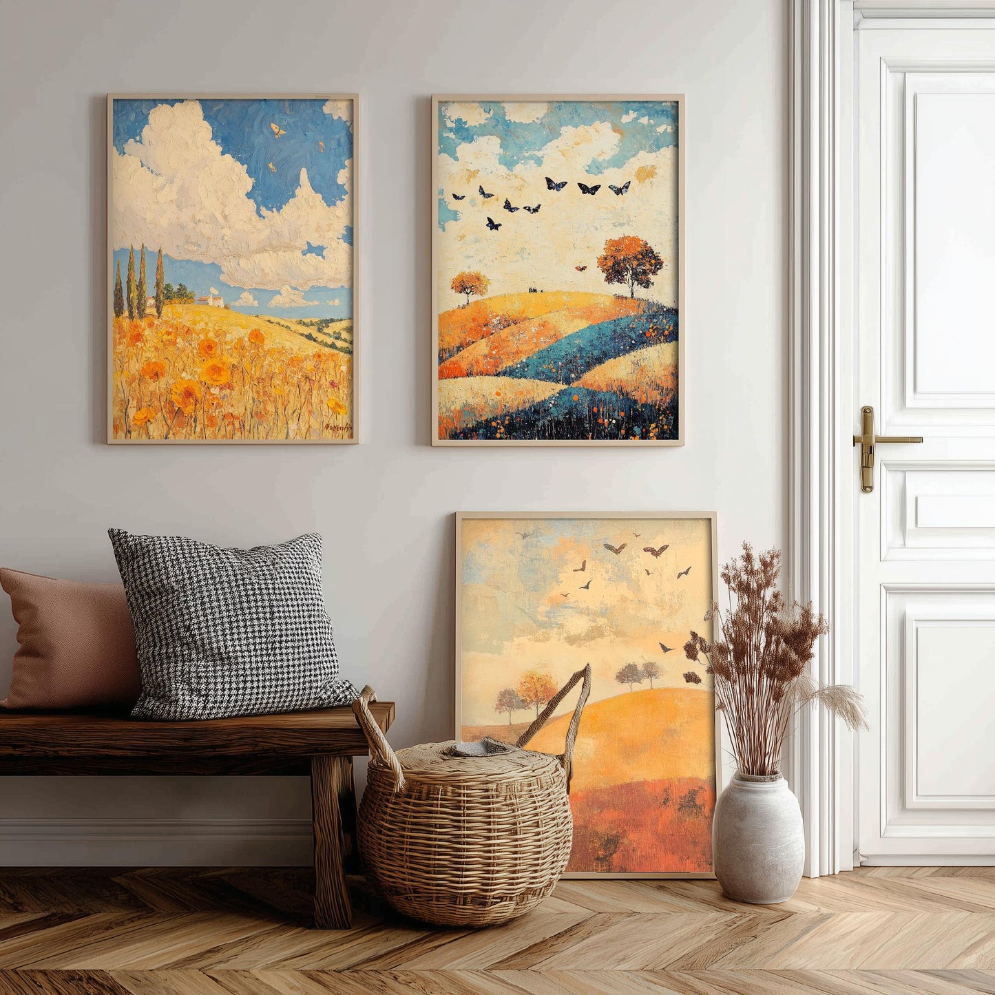 Rolling Hills Butterfly Set of Three Art Prints - Cobalt Marmalade and Snowdrift - Folk Meadow Poster Illustration Gift