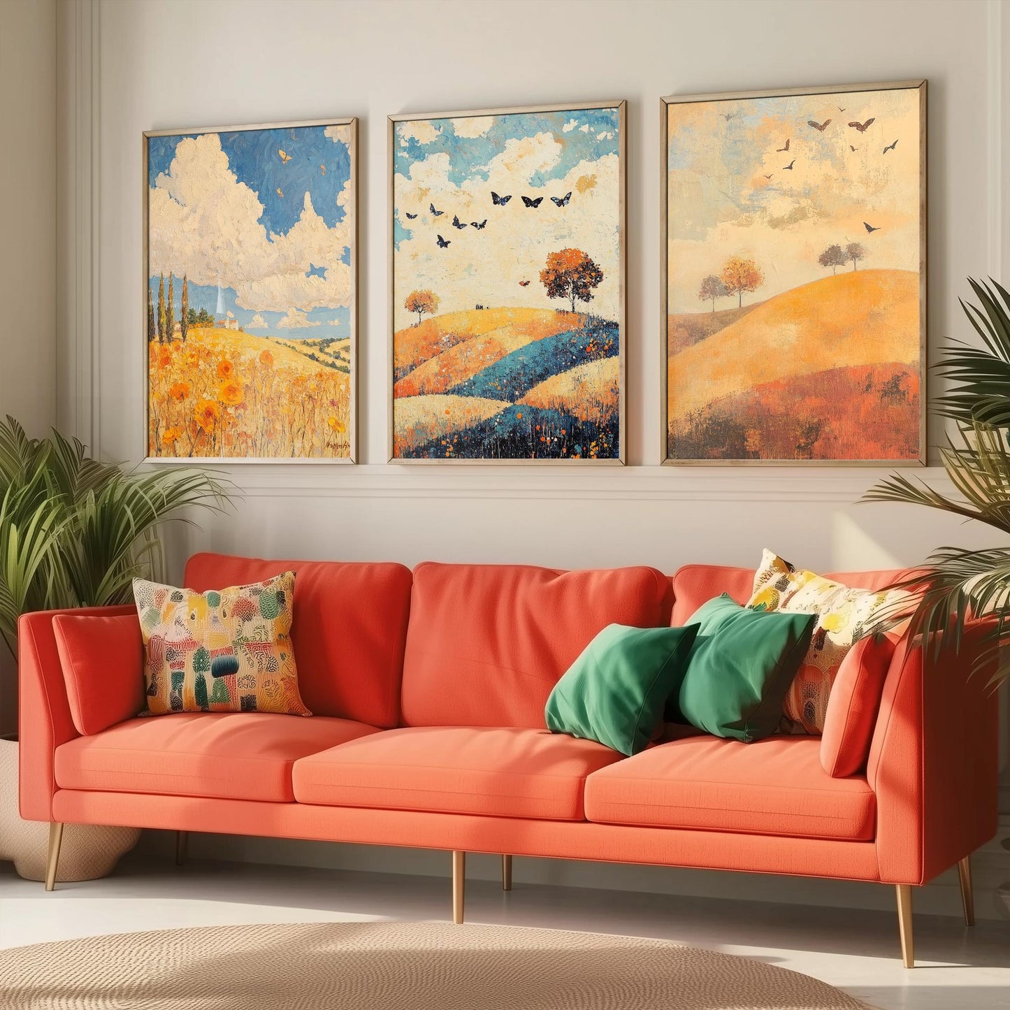 Rolling Hills Butterfly Set of Three Art Prints - Cobalt Marmalade and Snowdrift - Folk Meadow Poster Illustration Gift